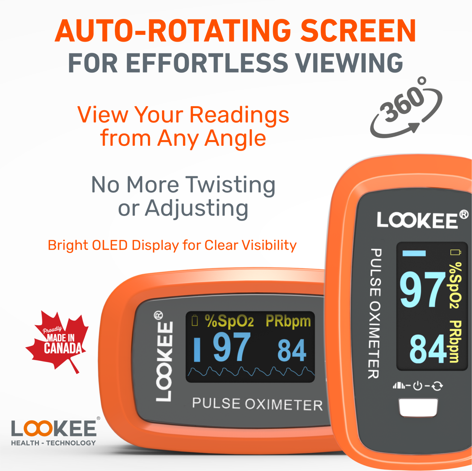 LOOKEE Premium Pulse Oximeter | Proudly Canadian | Fingertip Oxygen Therapy Monitor | SpO2 Blood Oxygen Saturation Monitor with Auto Rotate OLED