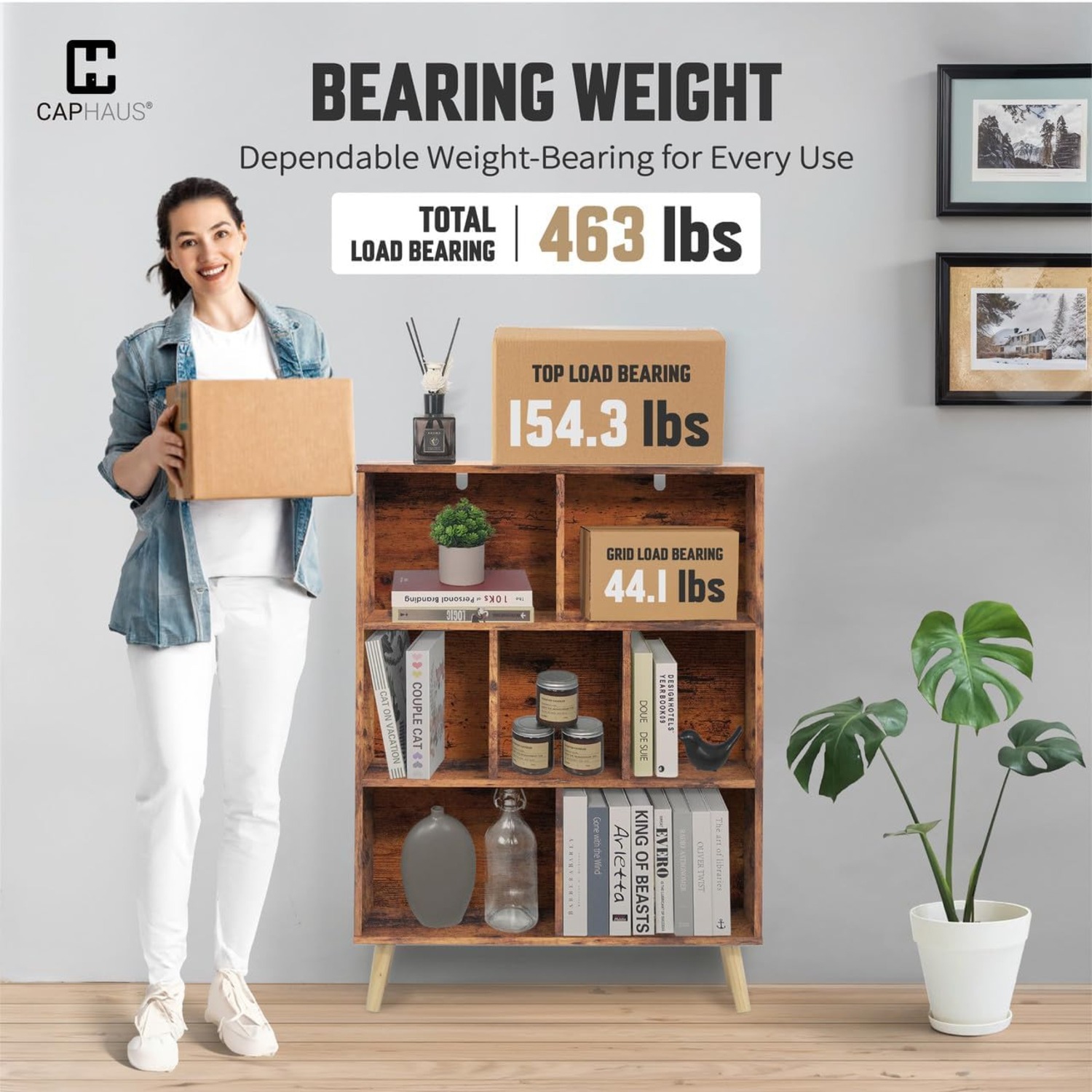 CAPHAUS 7 Cube 3 Tier Mid Century Bookshelf, 32” Wide Wooden Cube Storage Organizer with Legs, Open Shelf Bookcase, Modern Shelving for Living Room,