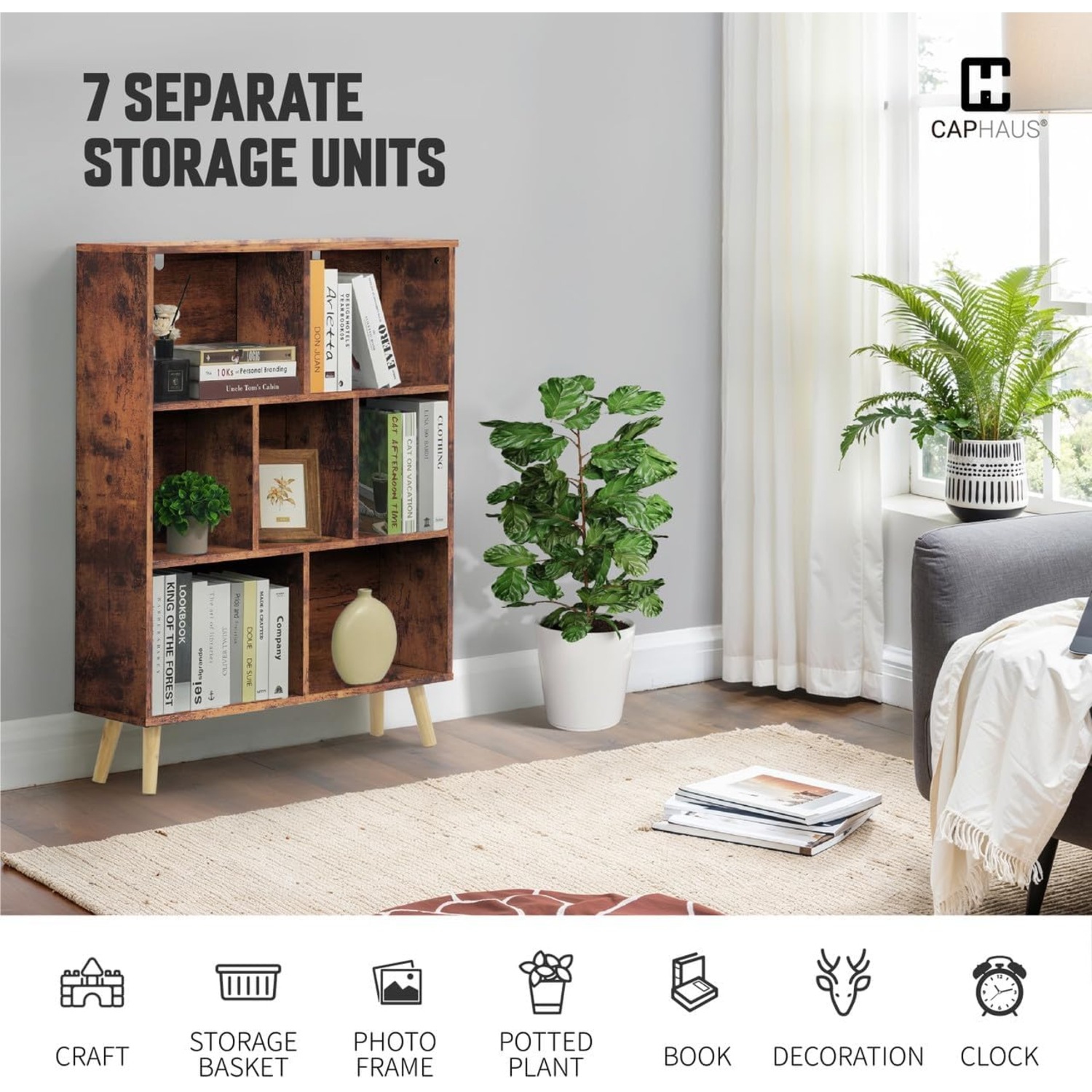 CAPHAUS 7 Cube 3 Tier Mid Century Bookshelf, 32” Wide Wooden Cube Storage Organizer with Legs, Open Shelf Bookcase, Modern Shelving for Living Room,