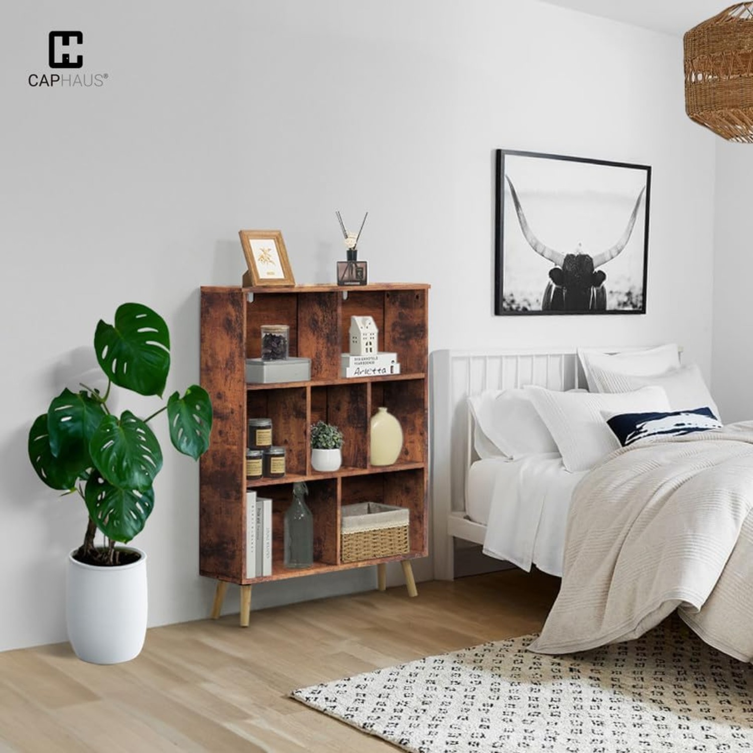 CAPHAUS 7 Cube 3 Tier Mid Century Bookshelf, 32” Wide Wooden Cube Storage Organizer with Legs, Open Shelf Bookcase, Modern Shelving for Living Room,