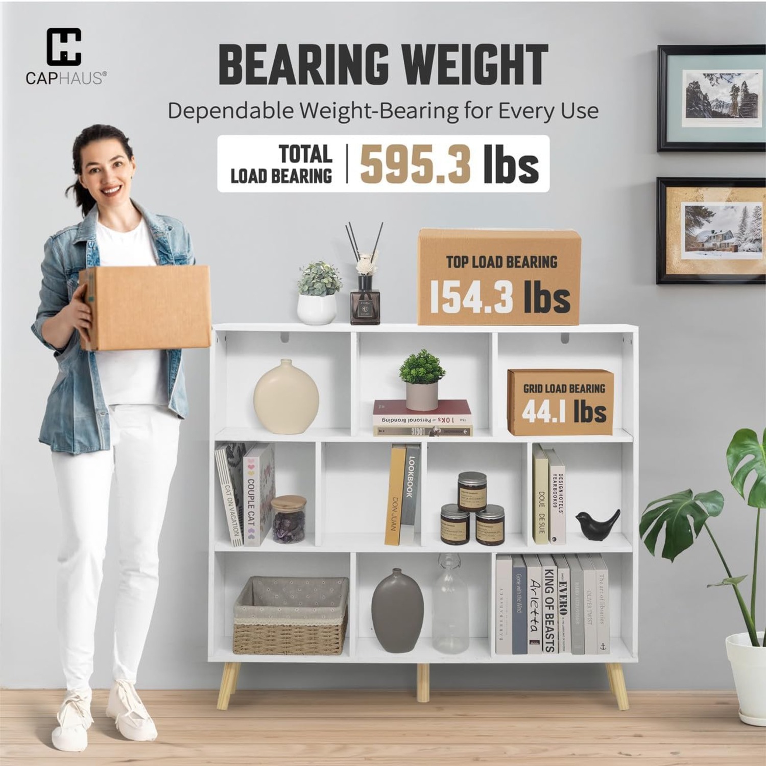 Étagère mi-siècle 3 tablettes CAPHAUS 10 Cube, cube rangement rangement rangement 48&nbsp;po larg. Avec pieds, bibliothèque ouverte, étagère moderne