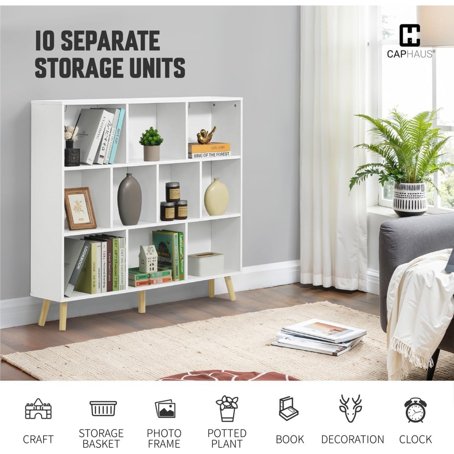 Étagère mi-siècle 3 tablettes CAPHAUS 10 Cube, cube rangement rangement rangement 48&nbsp;po larg. Avec pieds, bibliothèque ouverte, étagère moderne