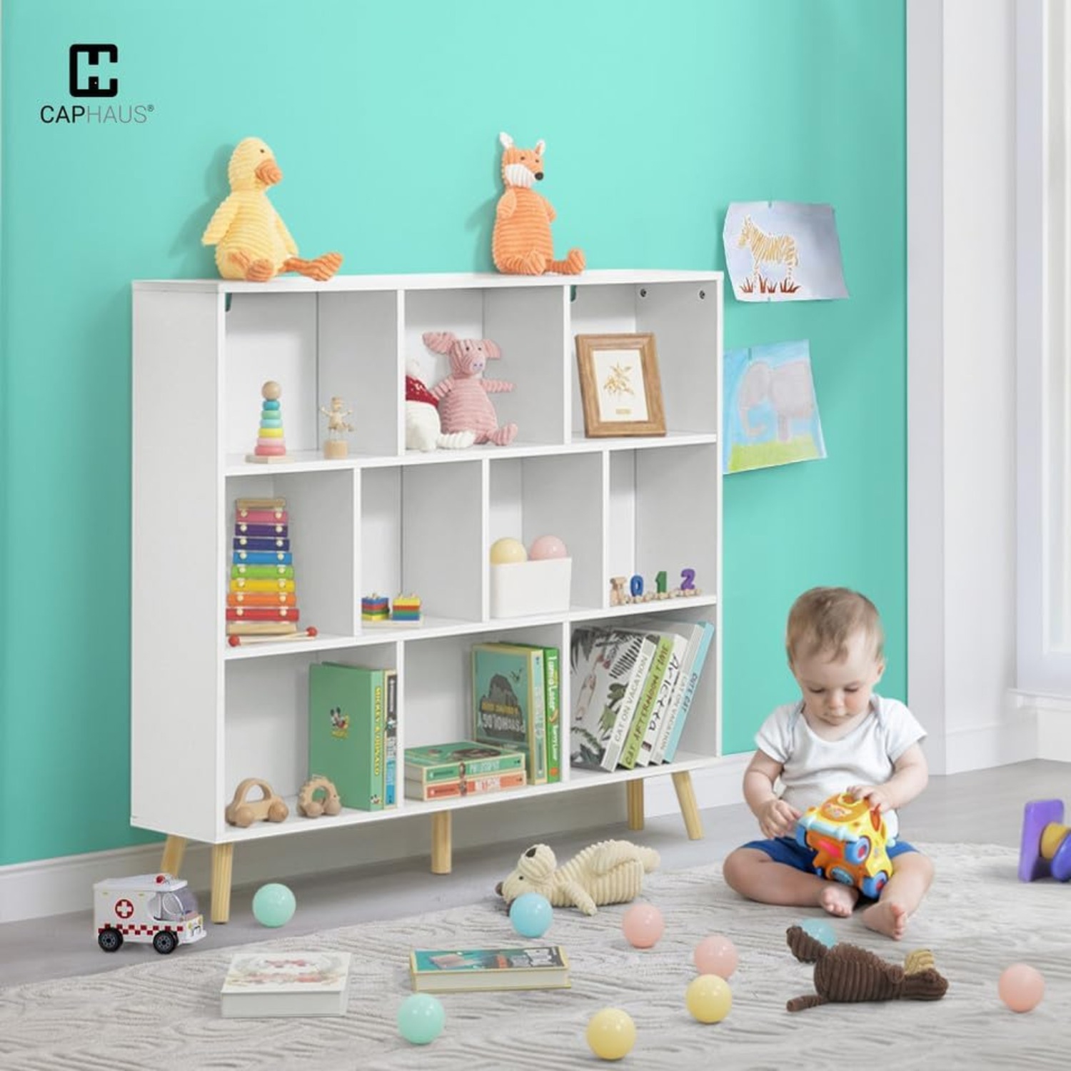 Étagère mi-siècle 3 tablettes CAPHAUS 10 Cube, cube rangement rangement rangement 48&nbsp;po larg. Avec pieds, bibliothèque ouverte, étagère moderne