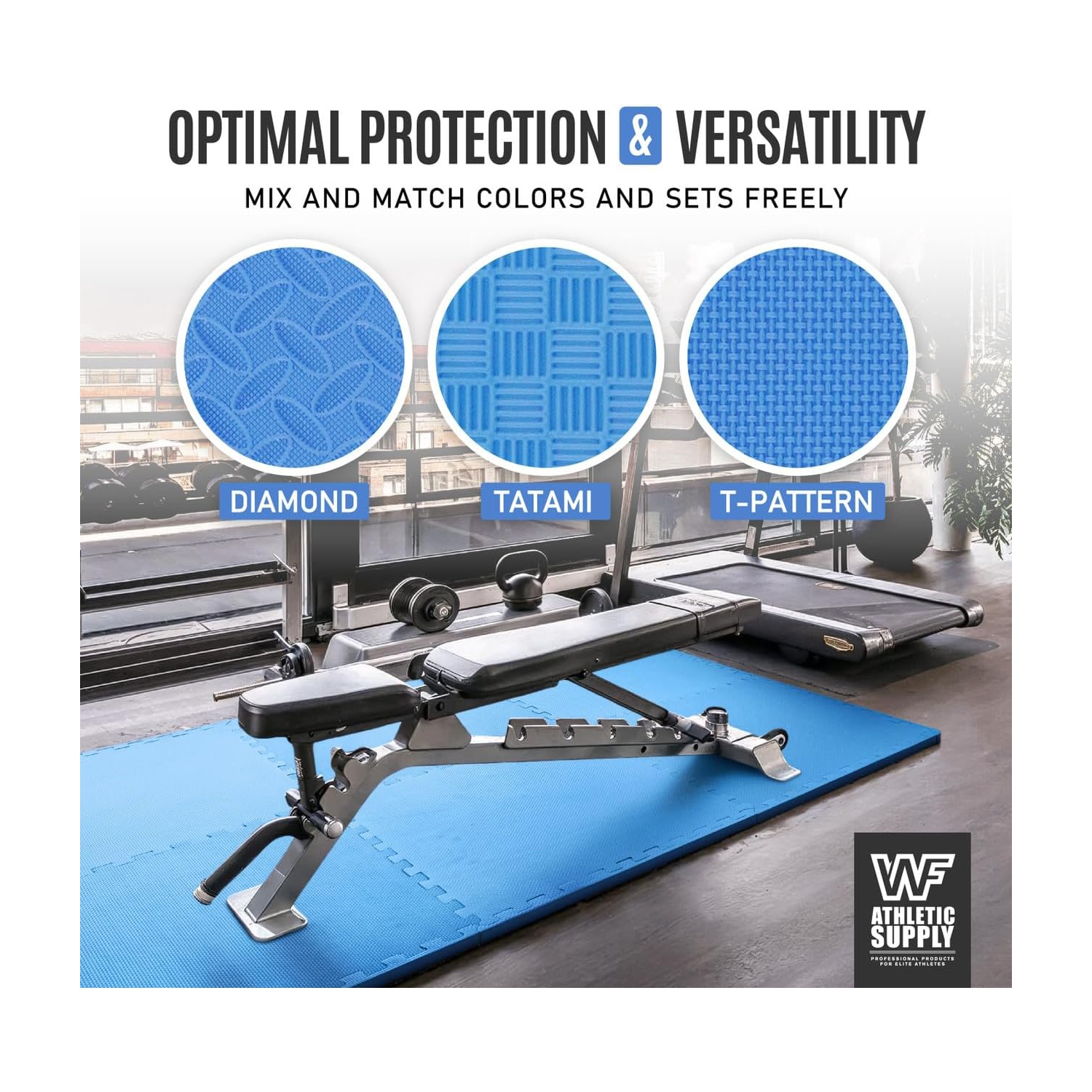 CAPHAUS Interlocking Exercise Foam Mats, Diamond, Tatami, T Pattern 1/2-Inch Thickness Gym Flooring Tiles, Blue