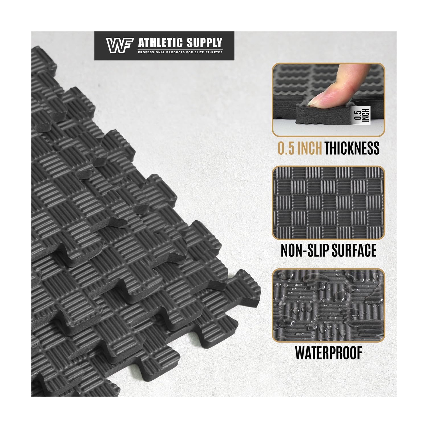 CAPHAUS Interlocking Exercise Foam Mats, Diamond, Tatami, T Pattern 1/2-Inch Thickness Gym Flooring Tiles, Black