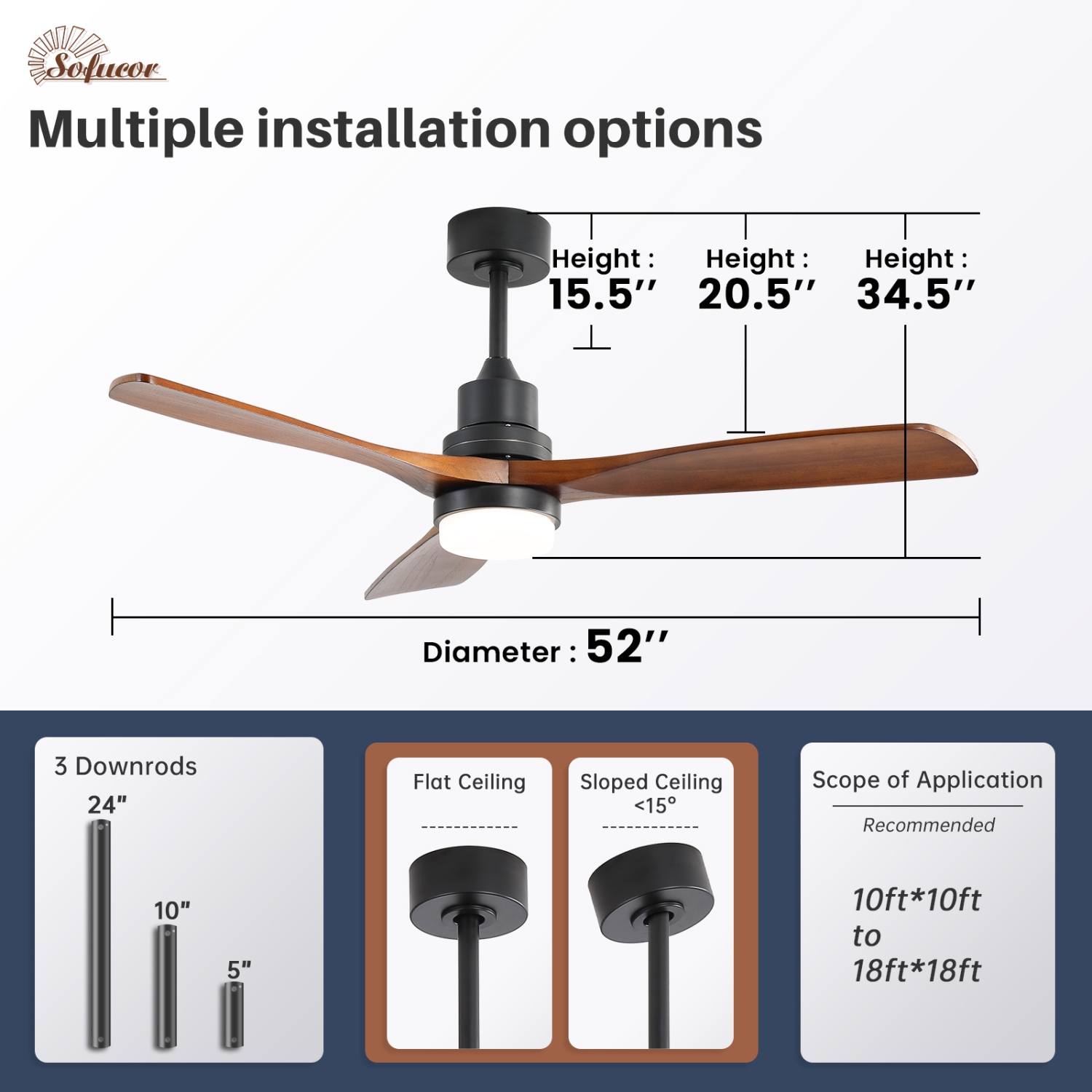 Ventilateur de plafond extérieur moderne de 52 po avec éclairage et télécommande en bois massif Moteur c.c. sans bruit pour ferme