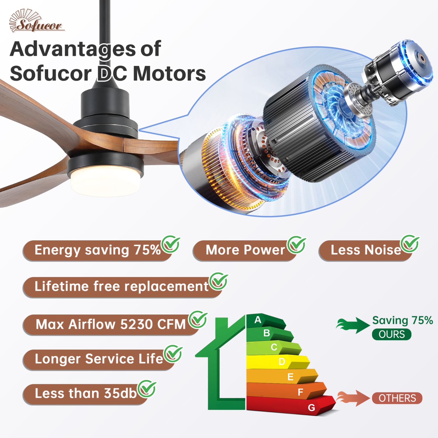 Ventilateur de plafond extérieur moderne de 52 po avec éclairage et télécommande en bois massif Moteur c.c. sans bruit pour ferme