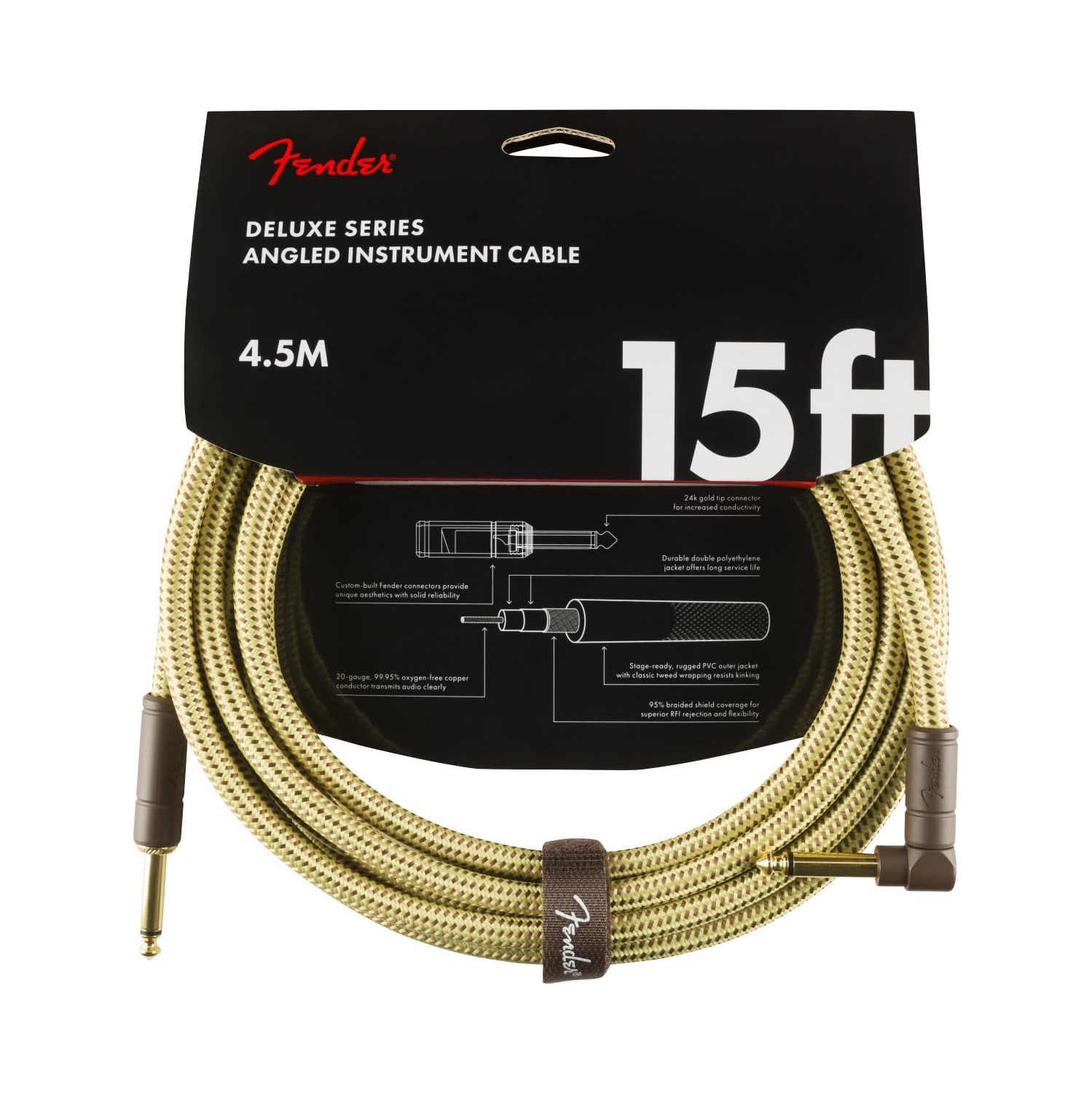 Câble pour instrument de série Deluxe de Fender, câble pour guitare, accessoires pour guitare, droit/angle, tweed 15&nbsp;pi