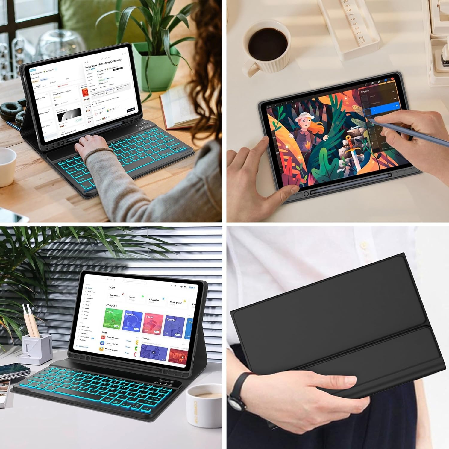 Suitable for Samsung A9+ Plus 11-inch Tablet Protective Case Colorful Bluetooth Keyboard Leather Case TPU Pen Slot - Black Leather Case + Black