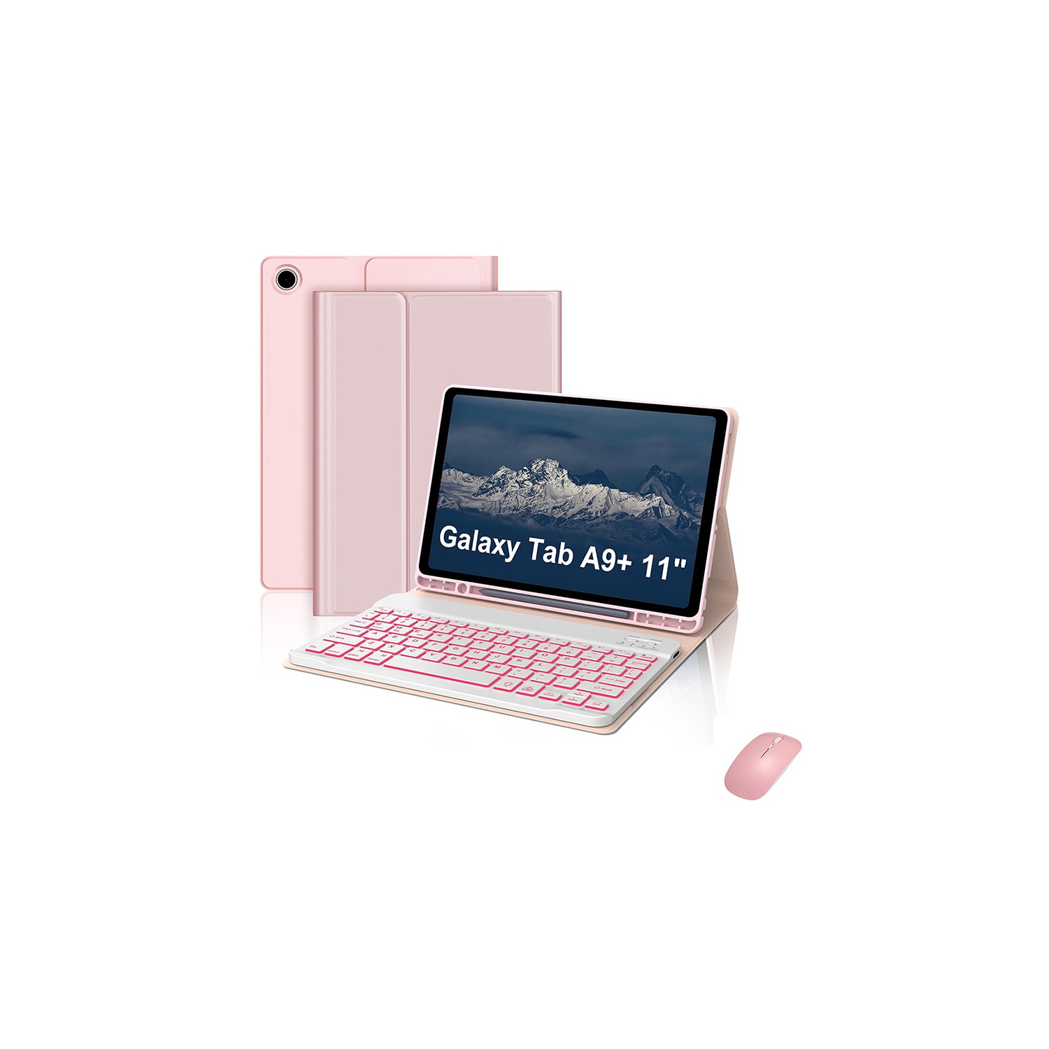 For Samsung A9+ Plus 11-inch Tablet Protective Case with Colorful Bluetooth Keyboard Leather Case and TPU Pen Slot - Pink Leather Case + White