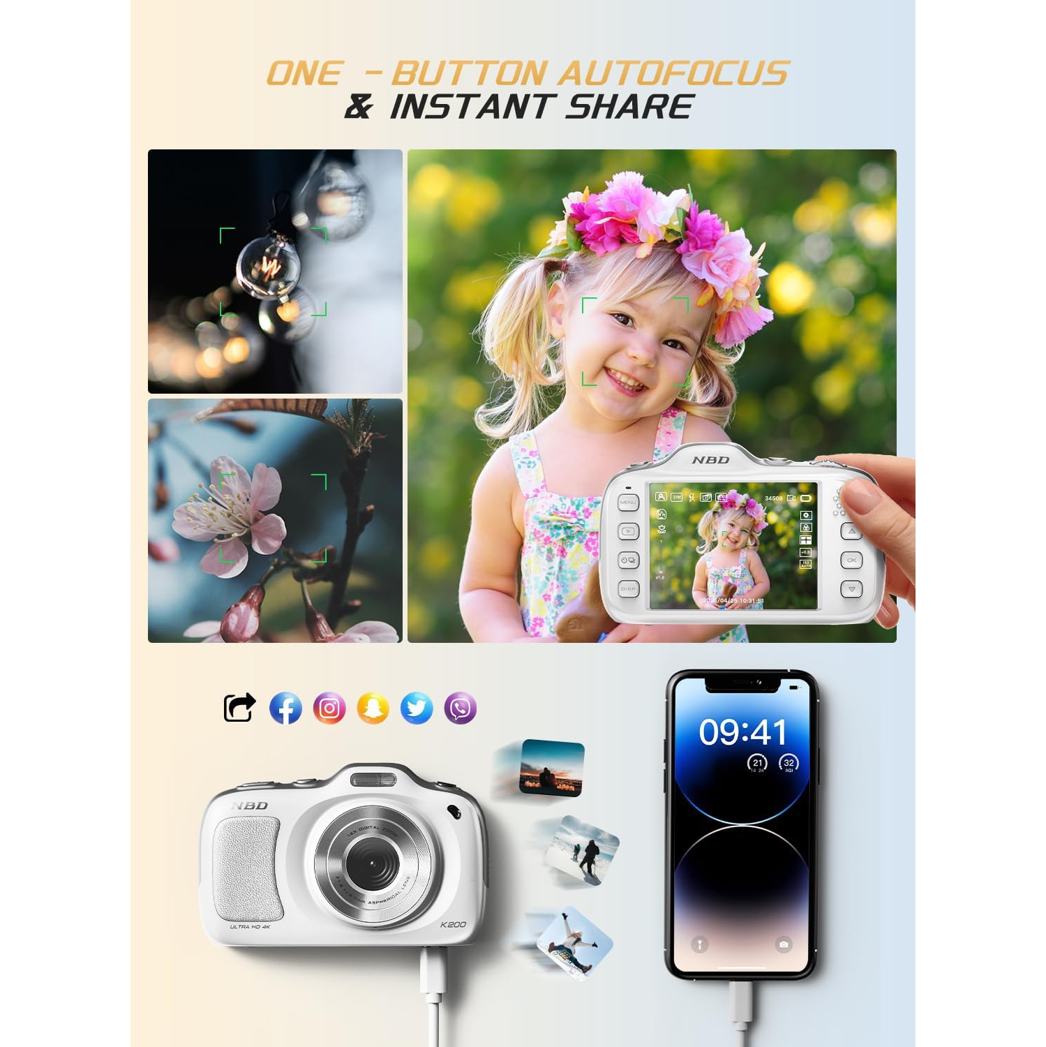 NBD 64MP Digital Cameras for Photography,4K Point and Shoot Camera,16X Zoom Compact Travel Cameras, Auto Focus for Beginners Teens Kids and Lover