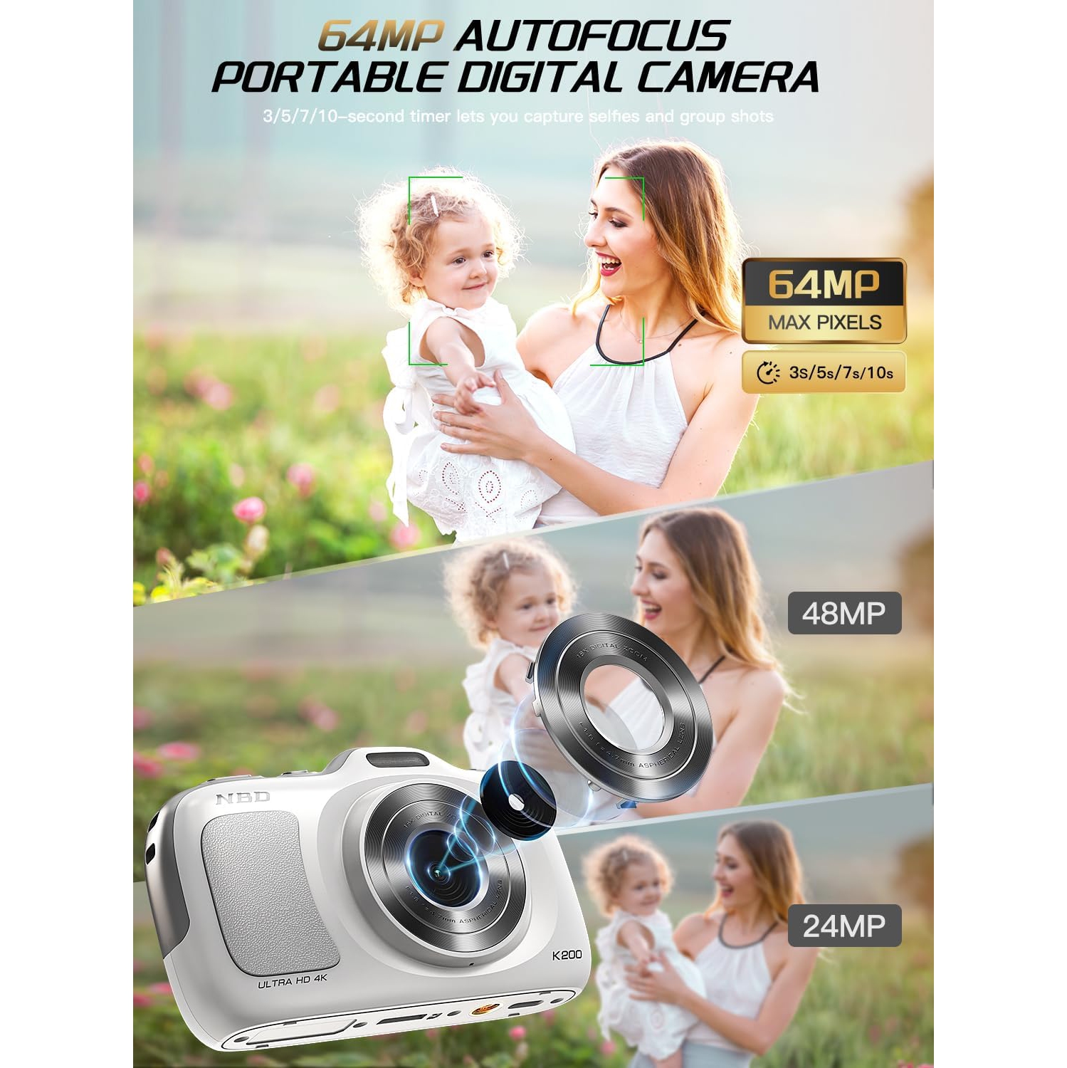 NBD 64MP Digital Cameras for Photography,4K Point and Shoot Camera,16X Zoom Compact Travel Cameras, Auto Focus for Beginners Teens Kids and Lover