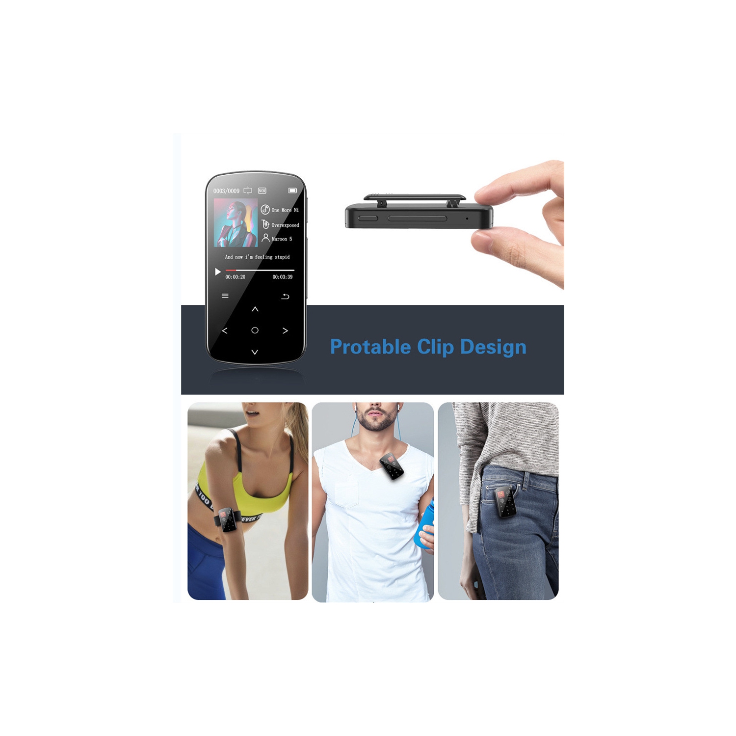 Lecteur de musique MP3 + 8 Go carte mémoire USB portatif sport Écran tactile Bluetooth avec pince pour carte TF Lecteur électronique radio FM