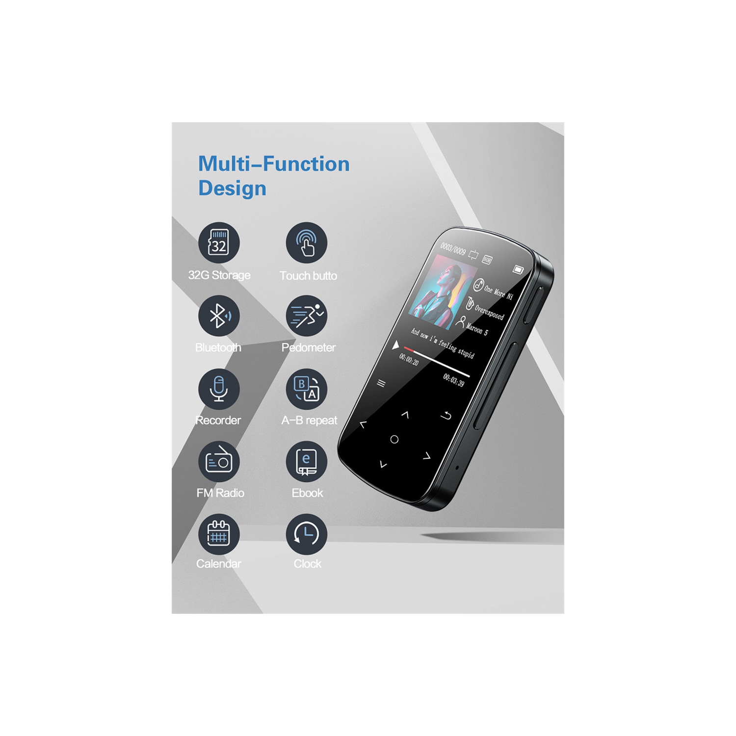 Lecteur de musique MP3 + 32&nbsp;Go carte mémoire USB portatif sport Écran tactile Bluetooth avec pince pour carte TF Lecteur électronique radio FM