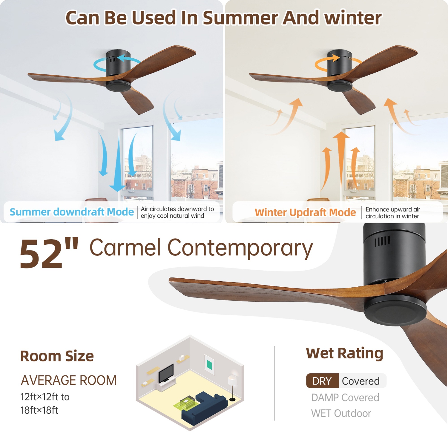 52'' Ceiling Fan Without Lights Modern Flush Mount Ceiling Fan No Light with Remote Control 3 Wood Blades for Bedroom/Farmhouse/Patio/Indoor