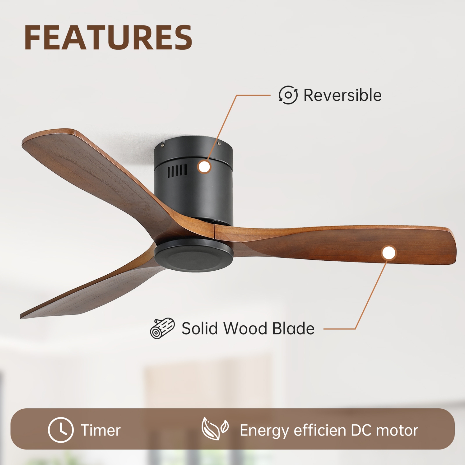 52'' Ceiling Fan Without Lights Modern Flush Mount Ceiling Fan No Light with Remote Control 3 Wood Blades for Bedroom/Farmhouse/Patio/Indoor