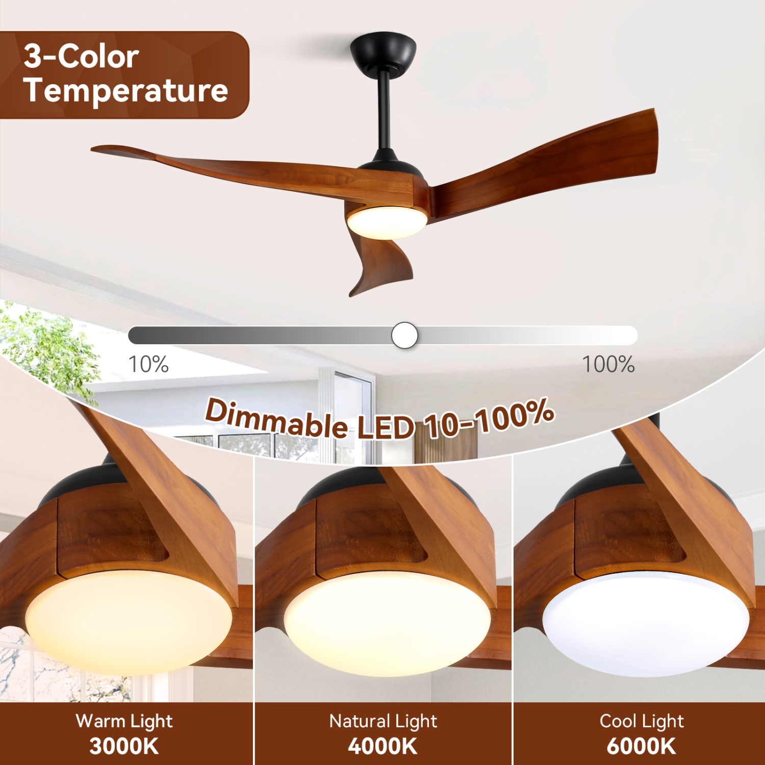 52 inch Solid Wood Ceiling Fan with Integrate LED Lights and Remote Low Profile Outdoor Indoor Modern 3 Blade Ceiling Fan for Living Room Bedroom