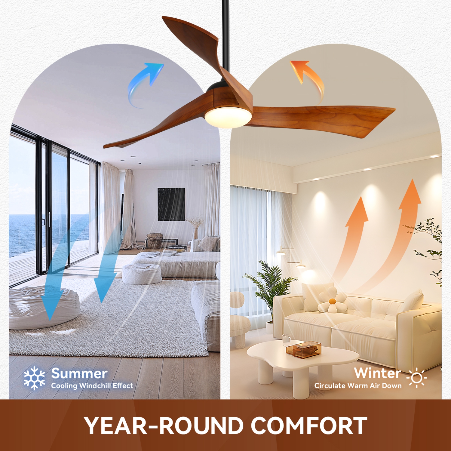 52 inch Solid Wood Ceiling Fan with Integrate LED Lights and Remote Low Profile Outdoor Indoor Modern 3 Blade Ceiling Fan for Living Room Bedroom