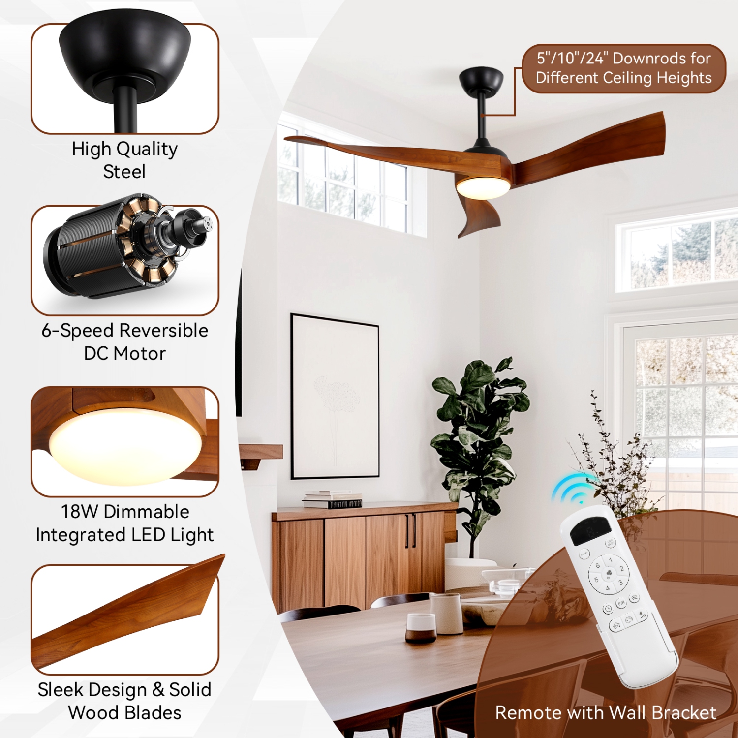 52 inch Solid Wood Ceiling Fan with Integrate LED Lights and Remote Low Profile Outdoor Indoor Modern 3 Blade Ceiling Fan for Living Room Bedroom