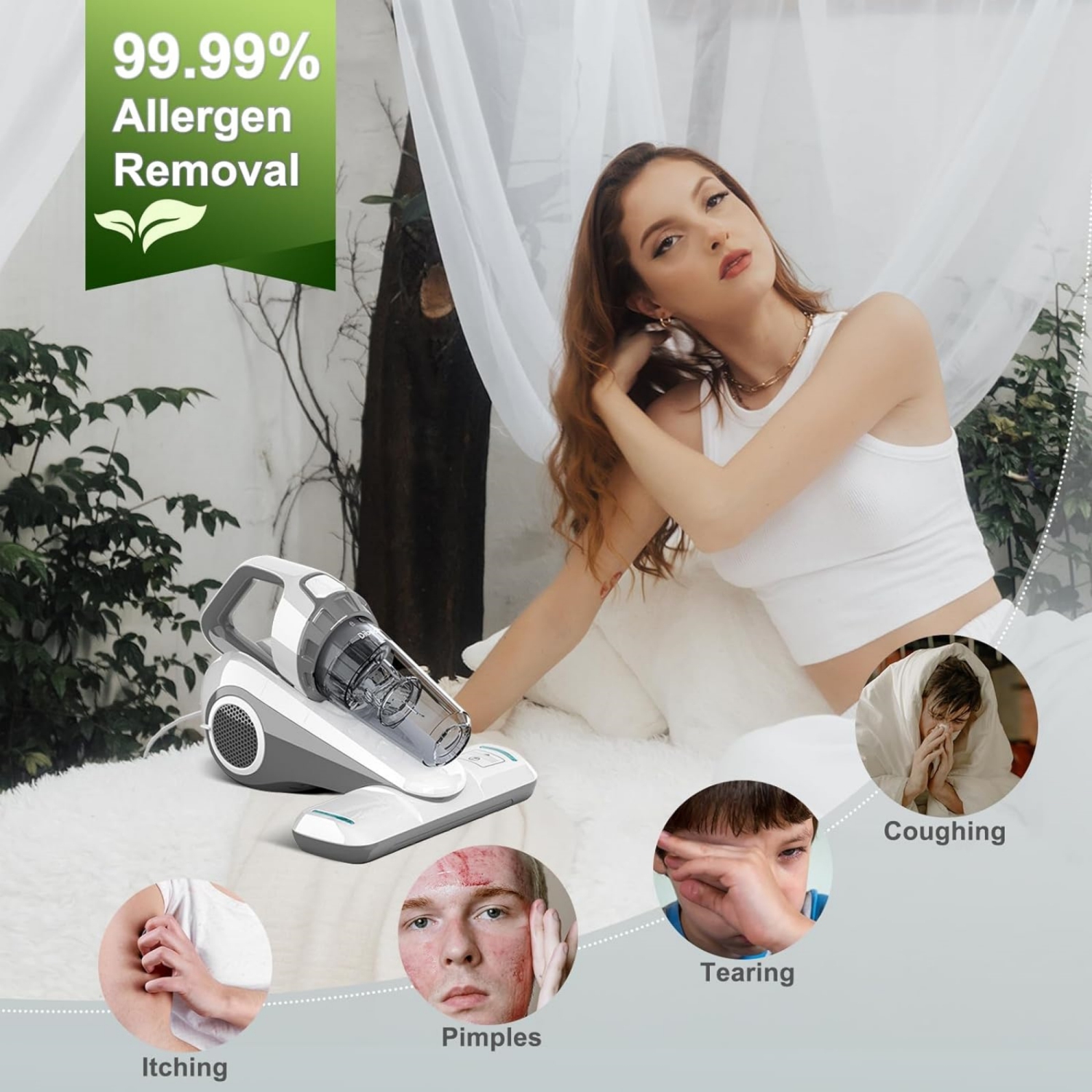 Dibea Handheld Bed Vacuum Cleaner, Mattress Vacuum Cleaner with 15KPa Suction, Washable HEPA Filter for Deep Clean Fur, Hair, Dust on Sofa, Couch,