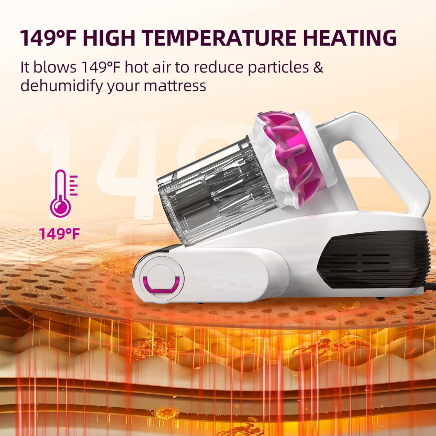 Kimdog Mattress Vacuum Cleaner 16Kpa Bed Vacuum with 253.7nm UV-C Light, 140°F Heat & HEPA Filter, 500W Handheld Upholstery Vacuum for Couch, Sofa &