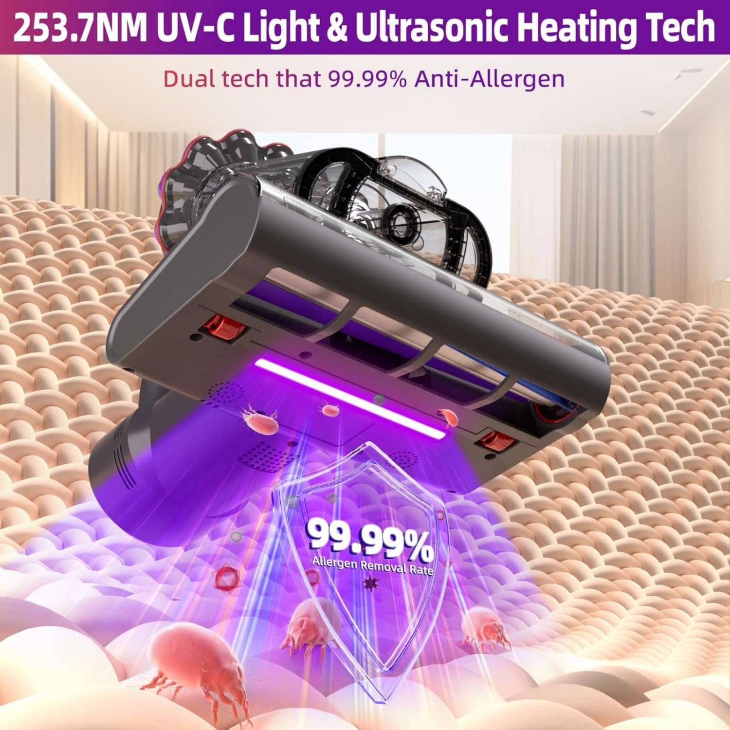 Kimdog Mattress Vacuum Cleaner 16Kpa Bed Vacuum with 253.7nm UV-C Light, 140°F Heat & HEPA Filter, 500W Handheld Upholstery Vacuum for Couch, Sofa &