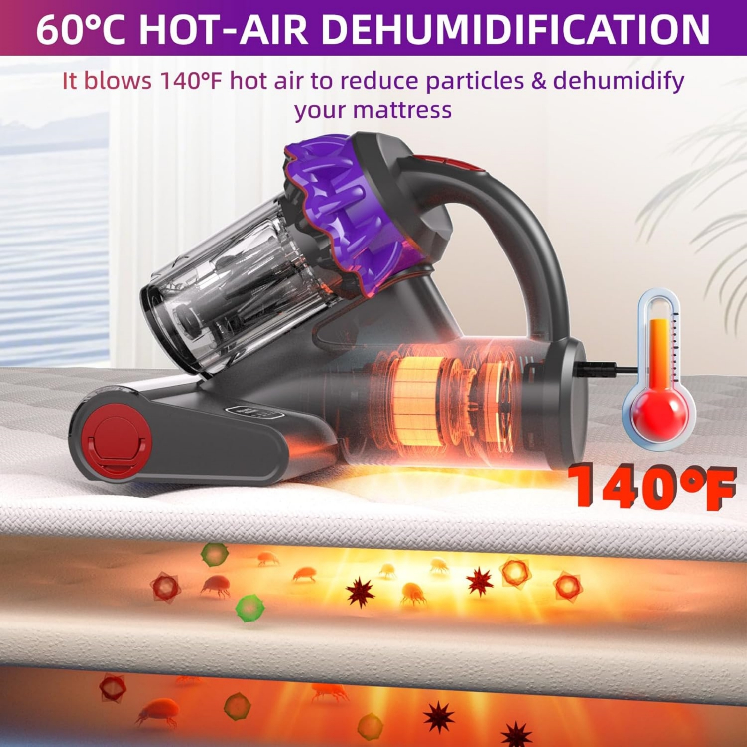 Kimdog Mattress Vacuum Cleaner 16Kpa Bed Vacuum with 253.7nm UV-C Light, 140°F Heat & HEPA Filter, 500W Handheld Upholstery Vacuum for Couch, Sofa &