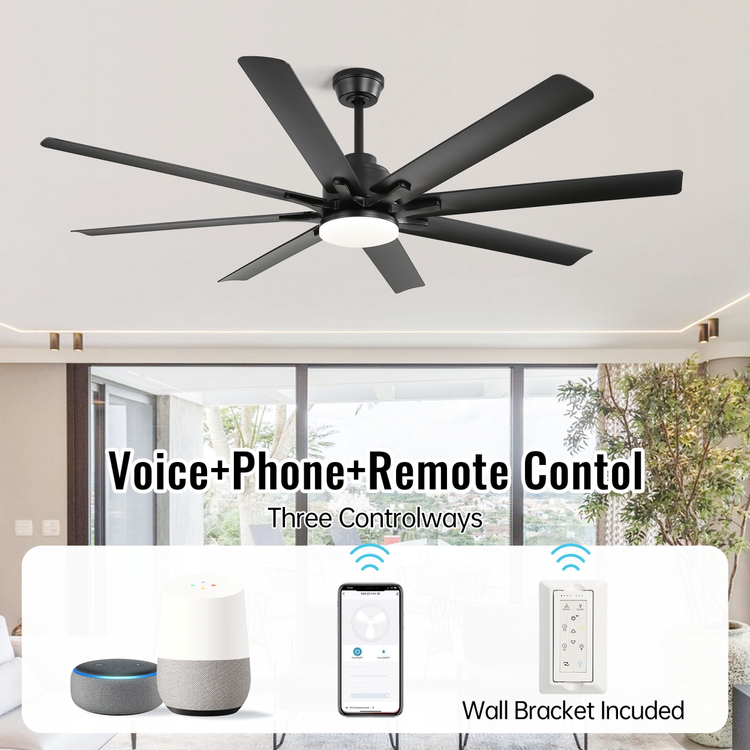 Large Industrial Smart Ceiling Fans with Lights and Remote & APP Control 8 ABS Blades 6-Speed Powerful DC Motor Reversible For Home/Commercial/Outdoor