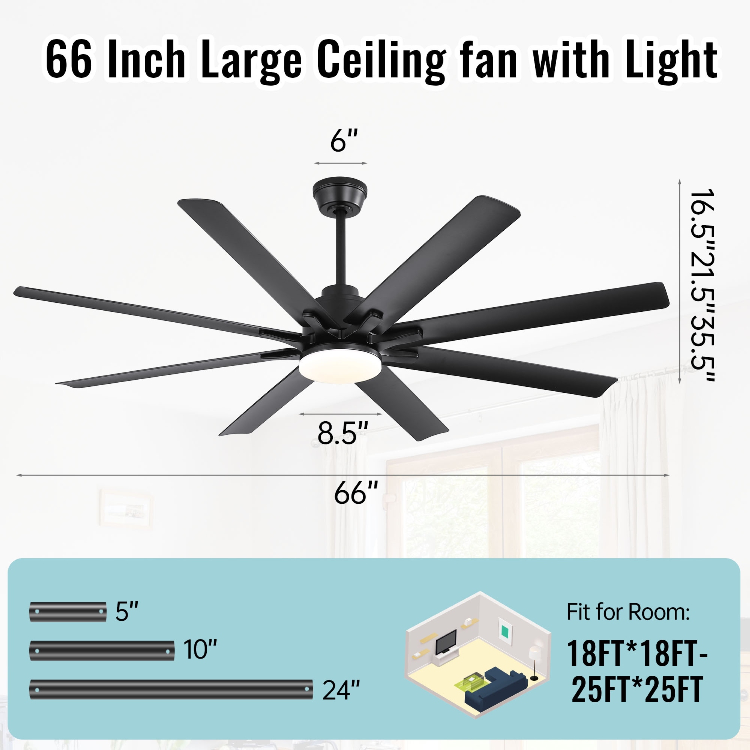 Large Industrial Smart Ceiling Fans with Lights and Remote & APP Control 8 ABS Blades 6-Speed Powerful DC Motor Reversible For Home/Commercial/Outdoor