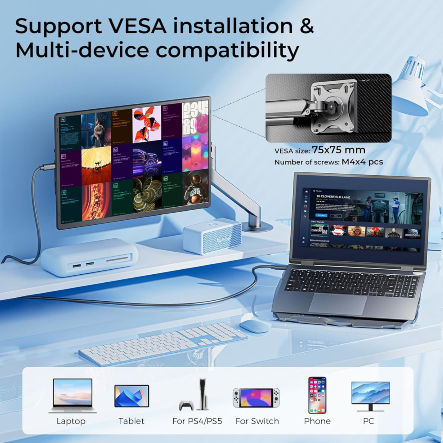 Prolongateur d'écran pour portable de 16&nbsp;po TUTT avec support 16:10 Rapport USB-C/HDMI + haut-parleur | Moniteur portatif à positions multiples