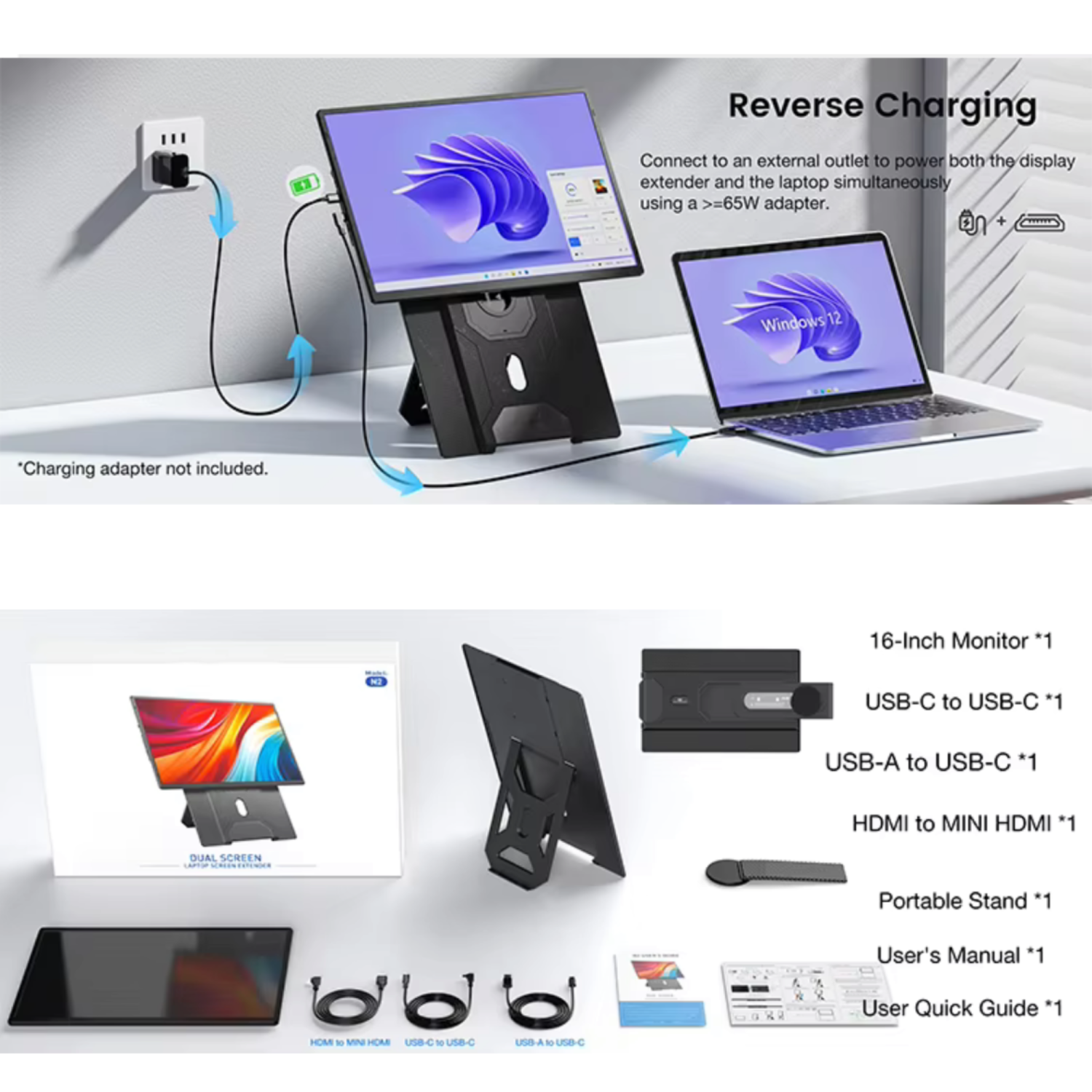 Prolongateur d'écran pour portable de 16&nbsp;po TUTT avec support 16:10 Rapport USB-C/HDMI + haut-parleur | Moniteur portatif à positions multiples