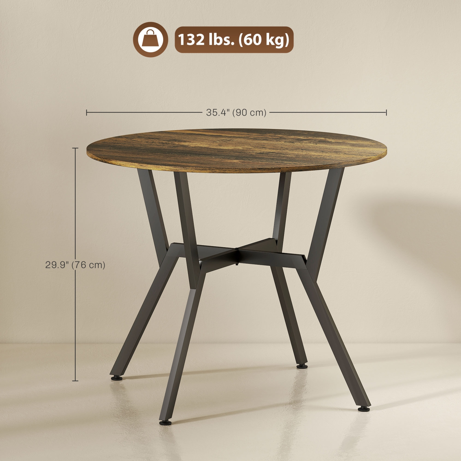 HOMCOM 35" Round Dining Table for 2, Modern Kitchen Table with Steel Frame for Living Room, Dining Room, Rustic Brown