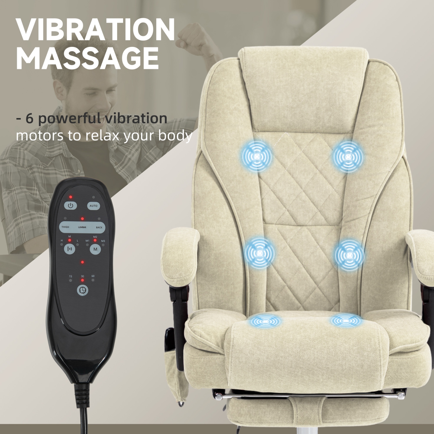 Chaise de bureau avec massage et repose-pieds Vinsetto, fauteuil de jeu inclinable en velours avec 6 points de vibration, hauteur réglable,