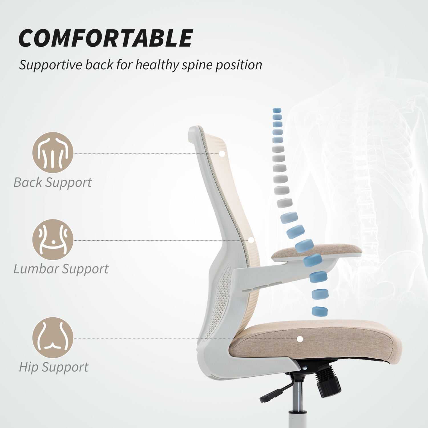 Chaise de bureau ergonomique de HOMCOM, fauteuil pivotant avec hauteur et soutien lombaire réglables, accoudoirs relevables, fonction d'inclinaison,