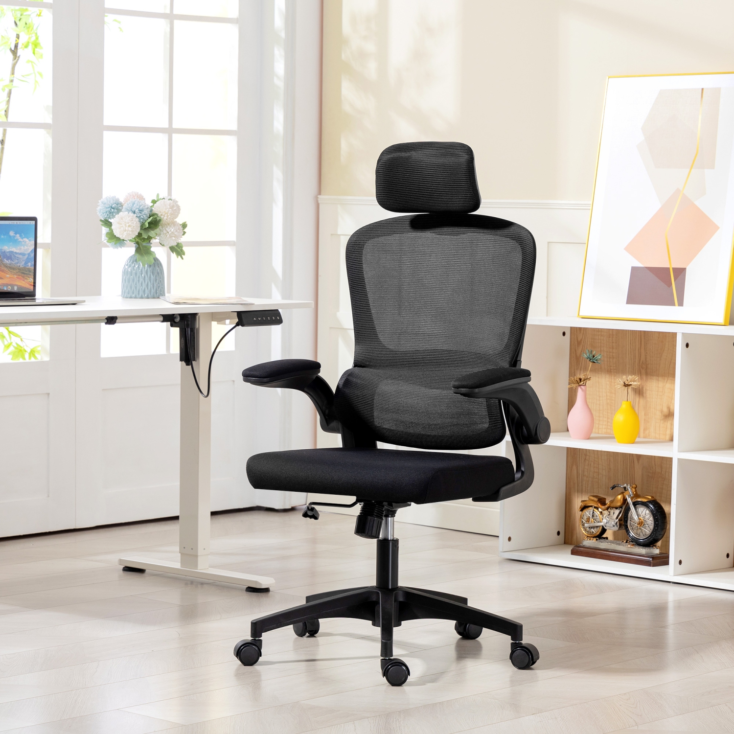 Chaise de bureau ergonomique de HOMCOM, bureau à dossier haut avec appuie-tête rotatif, accoudoirs relevables, soutien lombaire, siège d'ordinateur