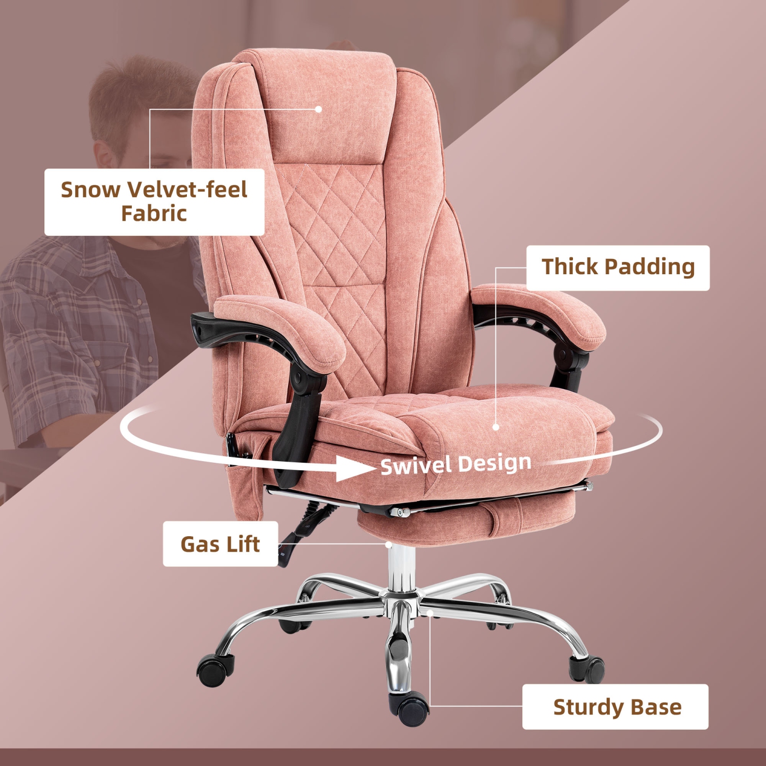 Chaise de bureau avec massage et repose-pieds Vinsetto, fauteuil de jeu inclinable en velours avec 6 points de vibration, hauteur réglable,