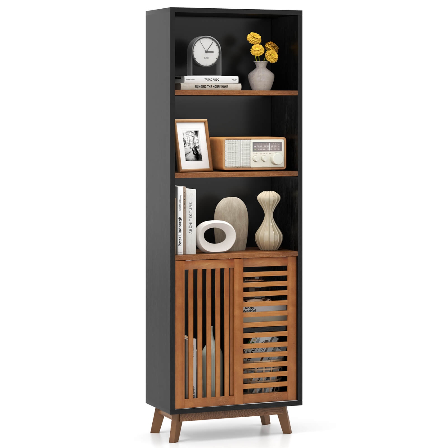 Costway 70" Bookshelf, 5-Tier Bookcase with Reversible Adjustable Shelf & Sliding Doors