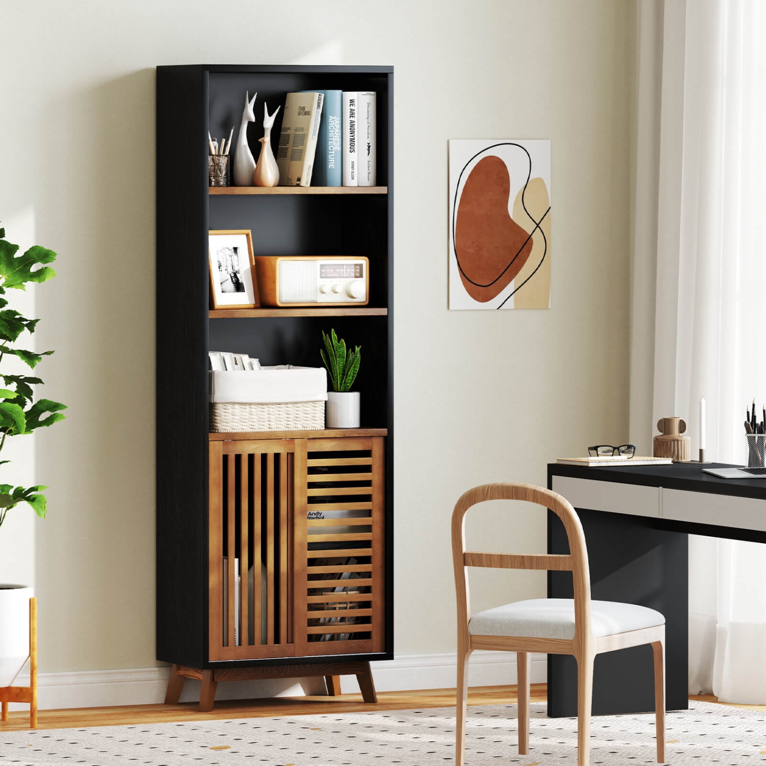 Costway 70" Bookshelf, 5-Tier Bookcase with Reversible Adjustable Shelf & Sliding Doors