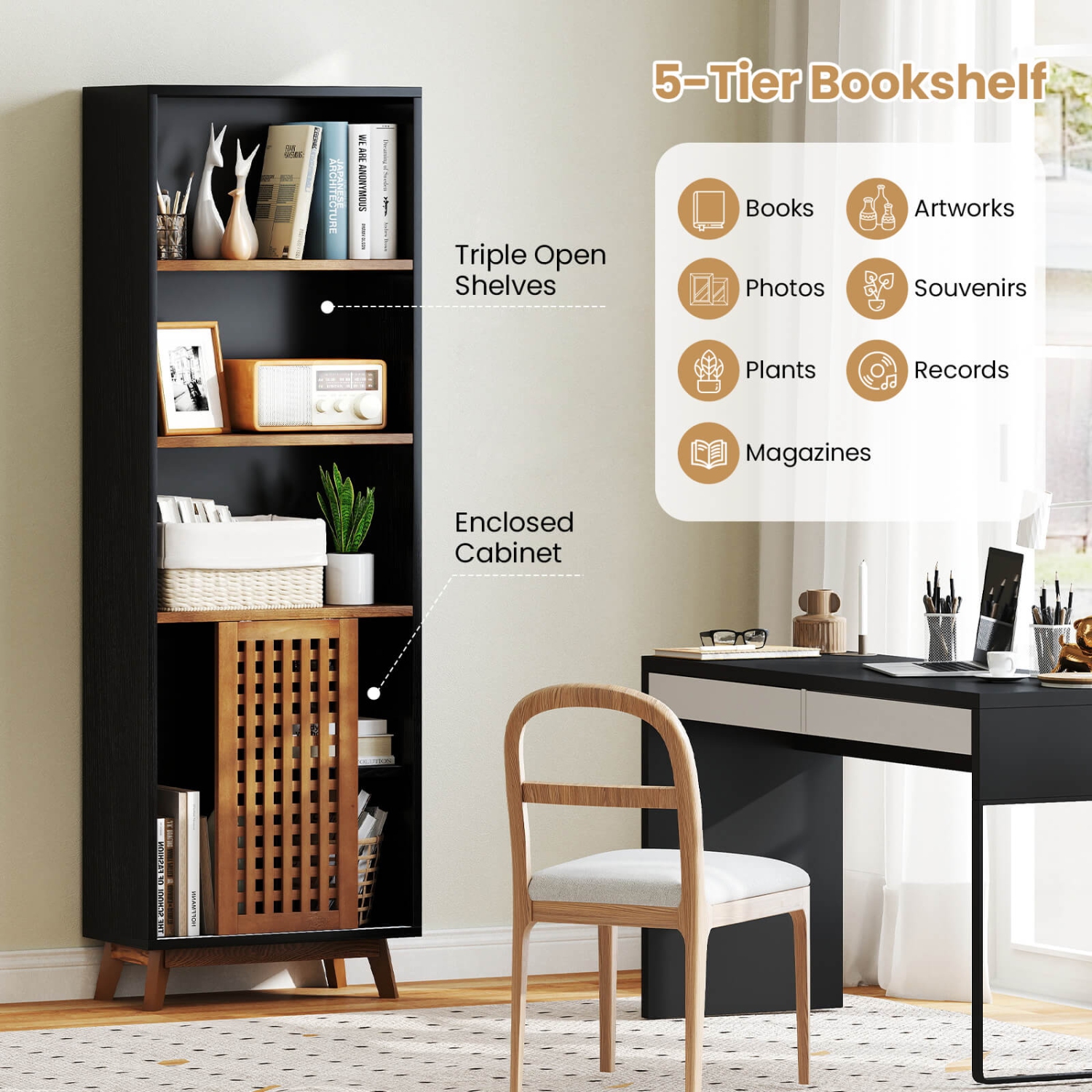 Costway 70" Bookshelf, 5-Tier Bookcase with Reversible Adjustable Shelf & Sliding Doors