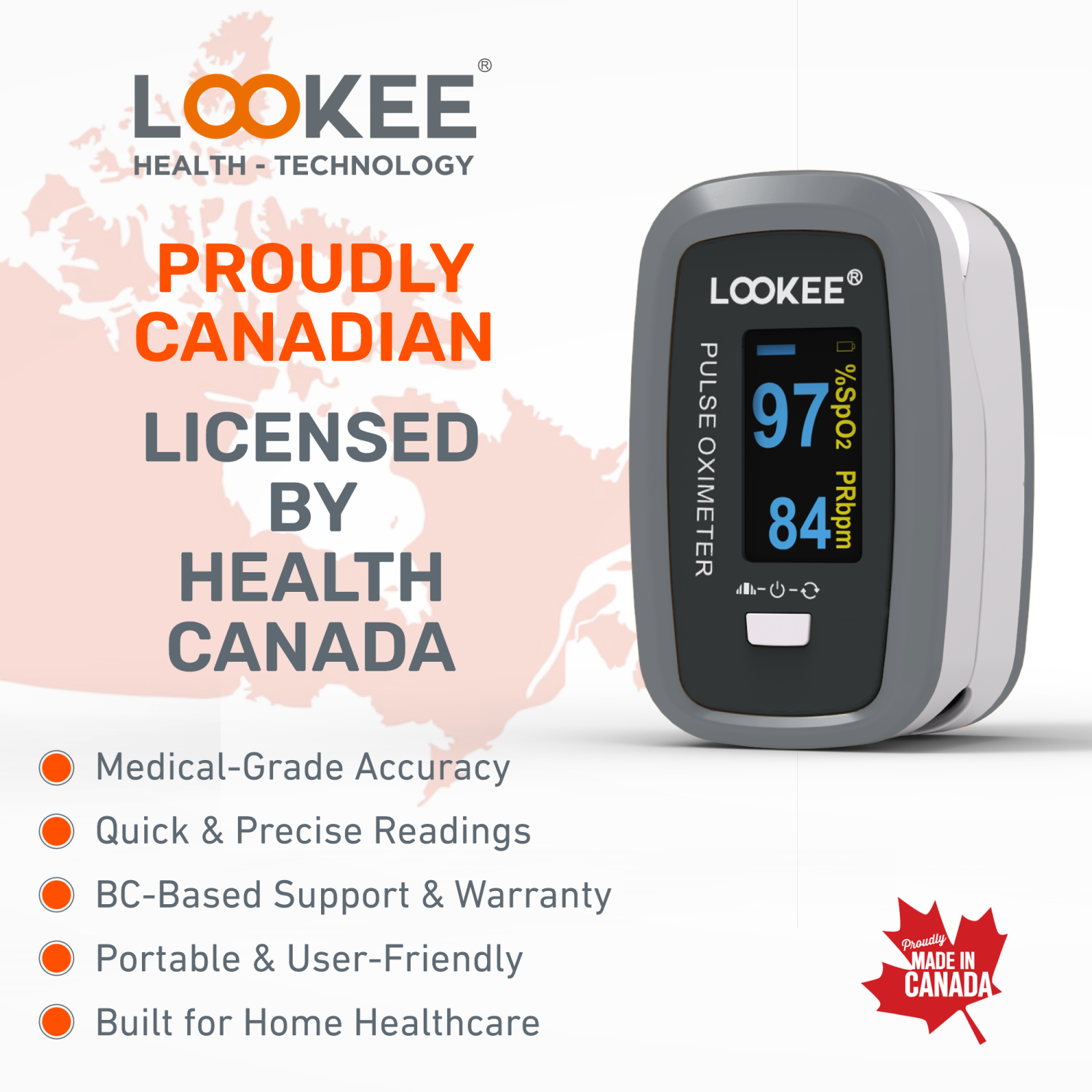 LOOKEE Premium Pulse Oximeter | Proudly Canadian | Fingertip Oxygen Therapy Monitor | SpO2 Blood Oxygen Saturation Monitor with Auto Rotate OLED
