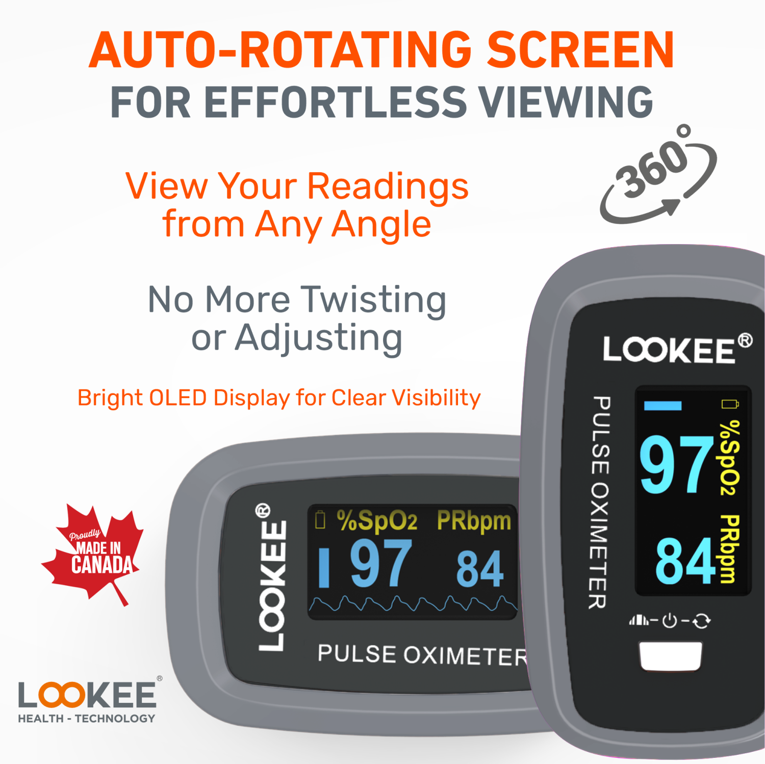 LOOKEE Premium Pulse Oximeter | Proudly Canadian | Fingertip Oxygen Therapy Monitor | SpO2 Blood Oxygen Saturation Monitor with Auto Rotate OLED