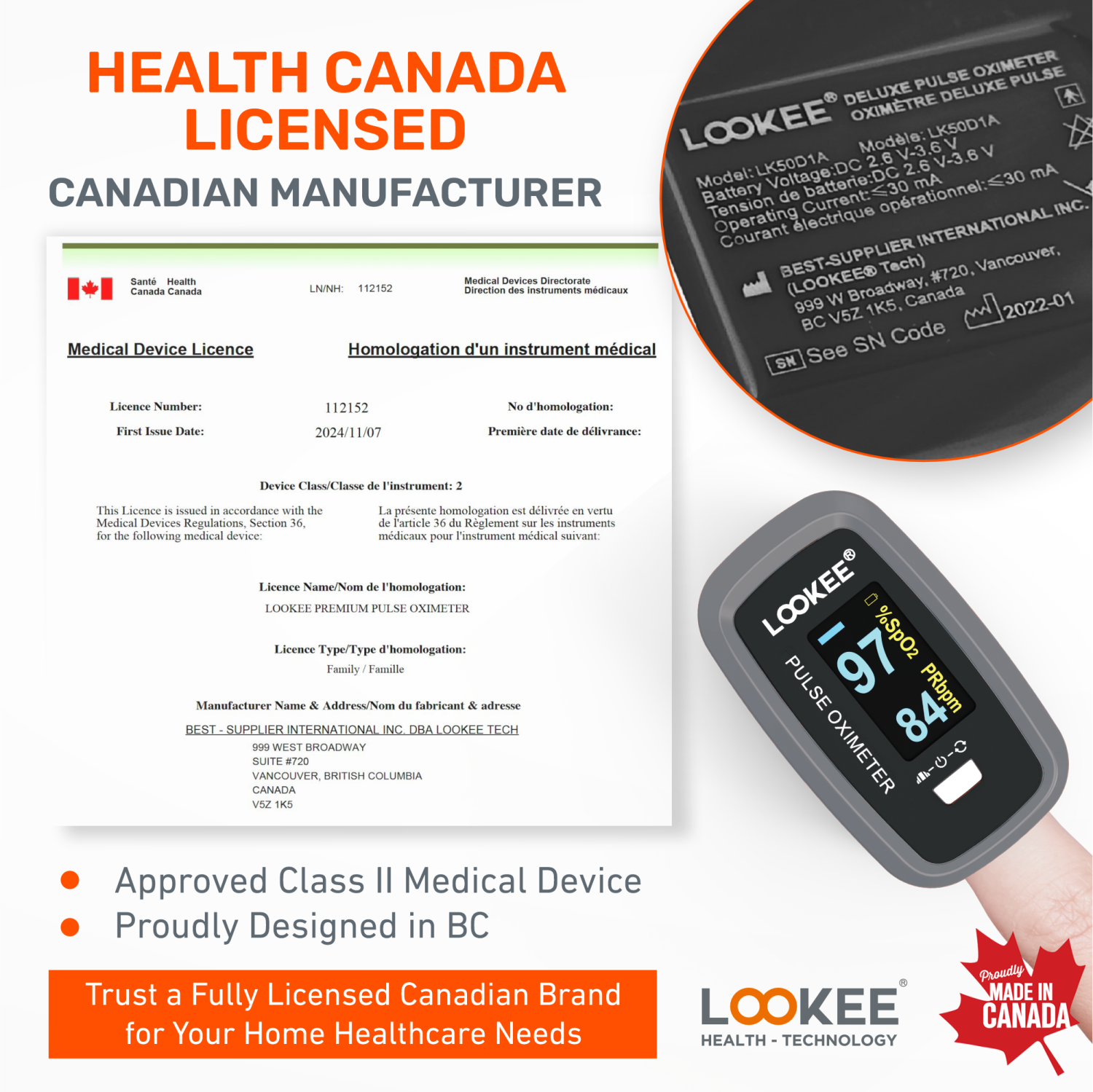LOOKEE Premium Pulse Oximeter | Proudly Canadian | Fingertip Oxygen Therapy Monitor | SpO2 Blood Oxygen Saturation Monitor with Auto Rotate OLED