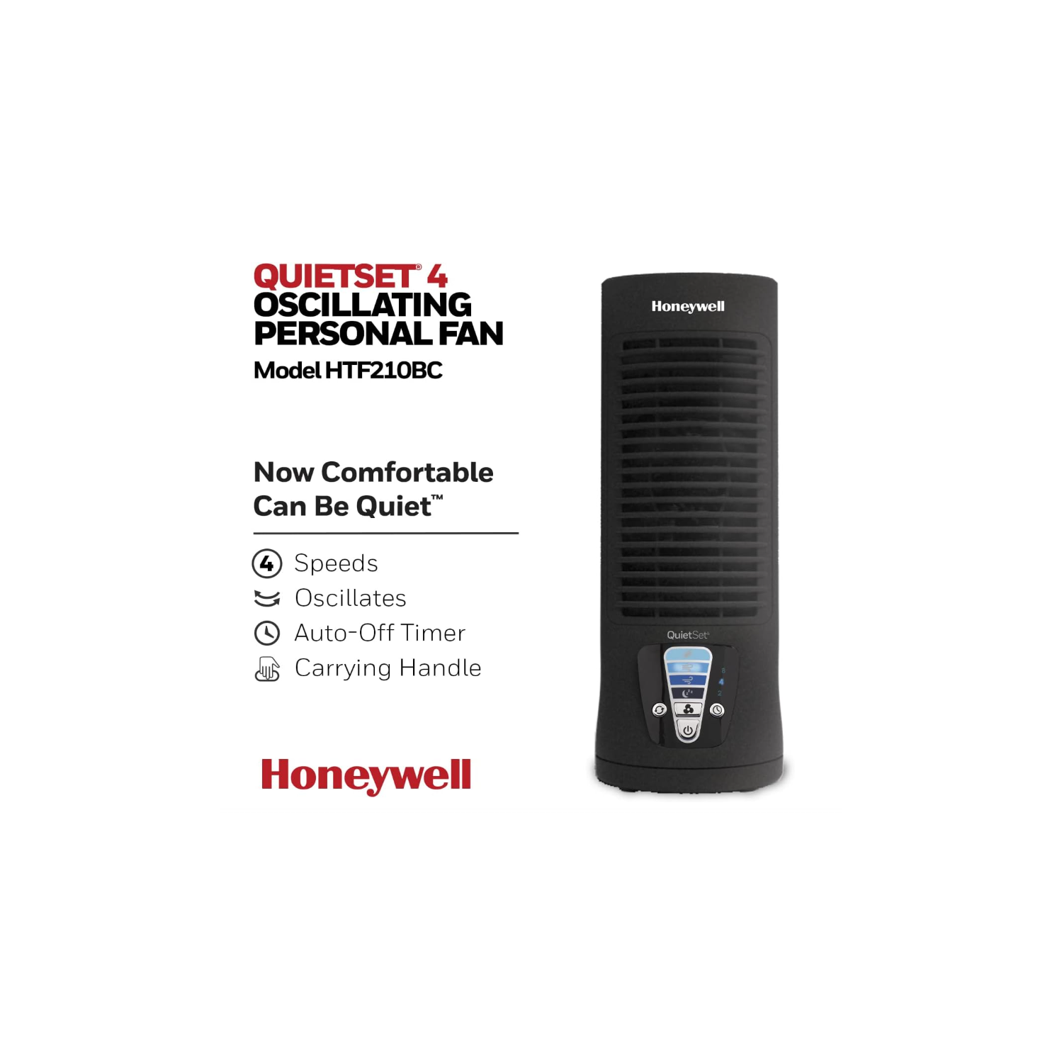 Honeywell HTF210BC QuietSet® 13" Personal Desk/Table Fan, Slim, Mini Tower, Oscillating Fan, Portable, Easy to Use Controls, Compact, 4 Speeds, Black