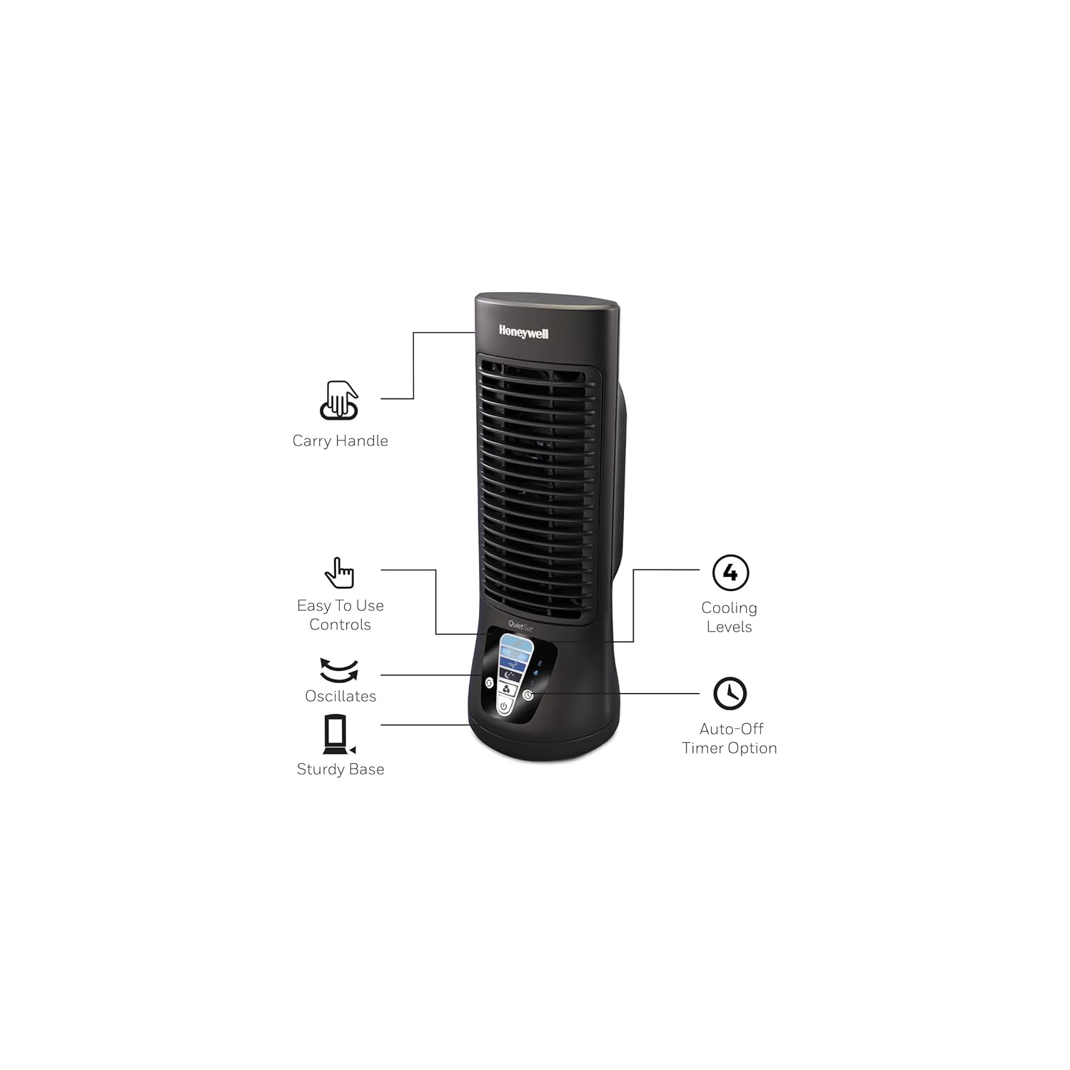 Honeywell HTF210BC QuietSet® 13" Personal Desk/Table Fan, Slim, Mini Tower, Oscillating Fan, Portable, Easy to Use Controls, Compact, 4 Speeds, Black