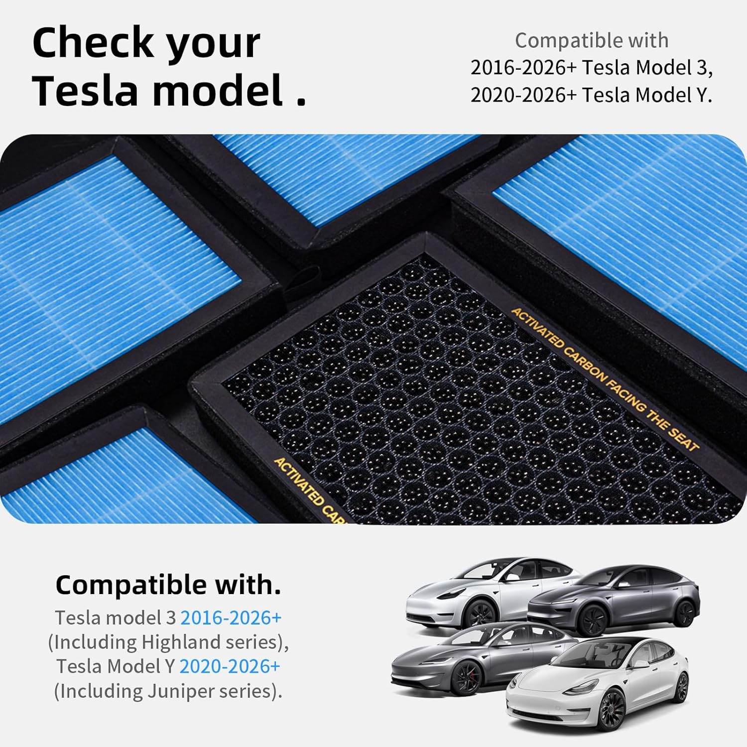 CYBERBEANS Air Conditional Replacement with Activated Carbon for Tesla Model 3 Model Y HEPA Cabin Air Filter Accessories 2016-2024/2025/2026 Upgraded