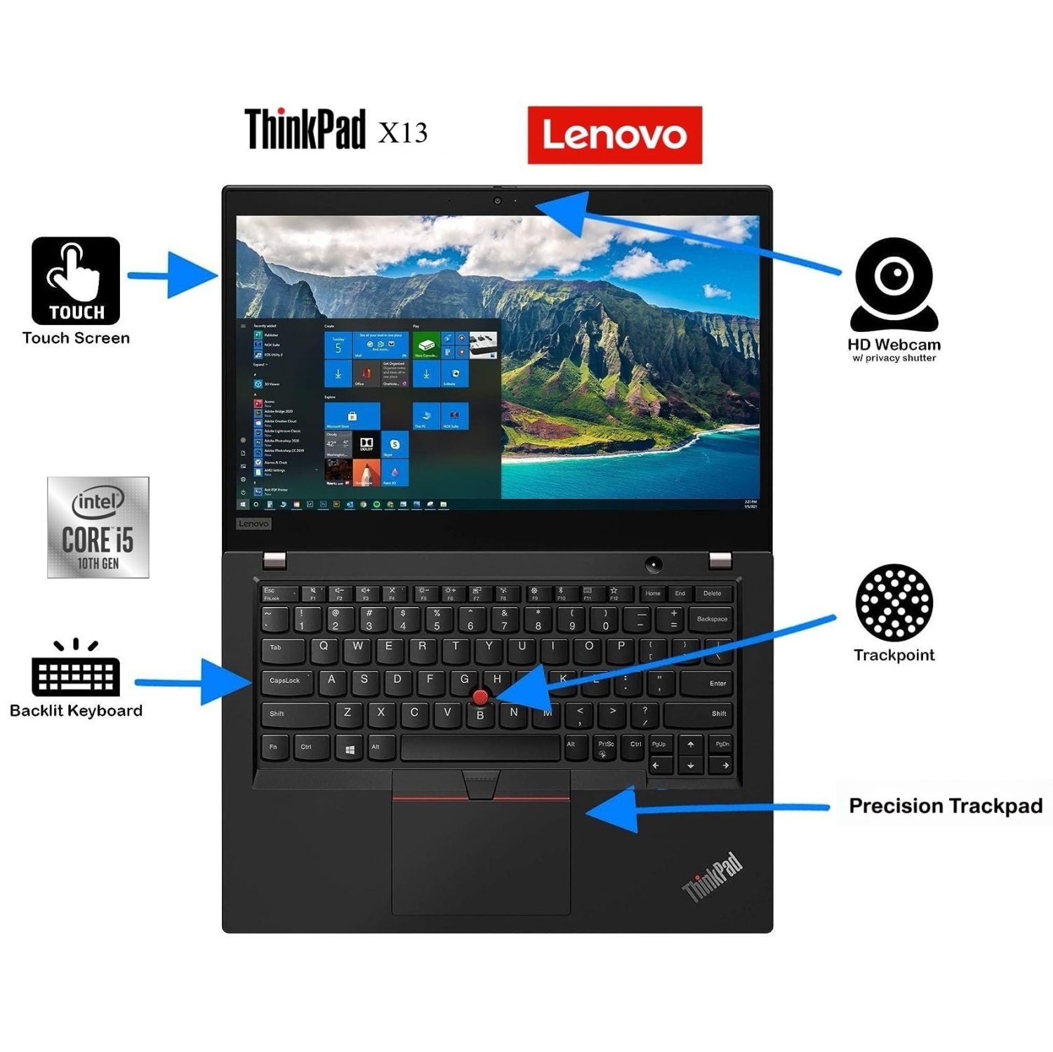 Refurbished Lenovo X13, Touchscreen 14" 1080p FHD, Ultra Fast Intel QuadCore i5-10301u,Large 16GB RAM, Highspeed 512GB SSD, Win 11, Face Unlock,