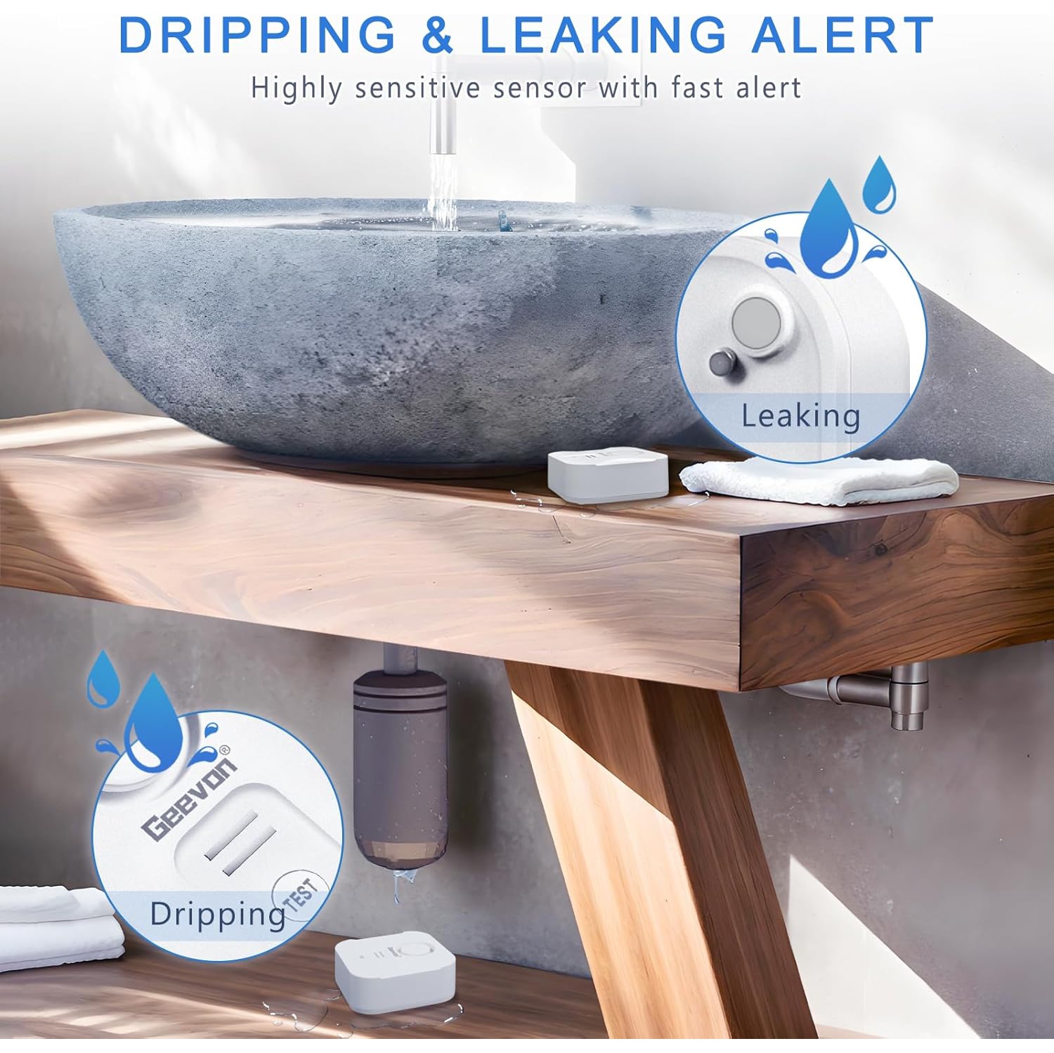 Geevon détecteurs 5 de fuites d'eau pour la maison, 100&nbsp;dB détecteurs de fuites puissants avec alerte de goutte pour la cuisine, le sous-sol, la