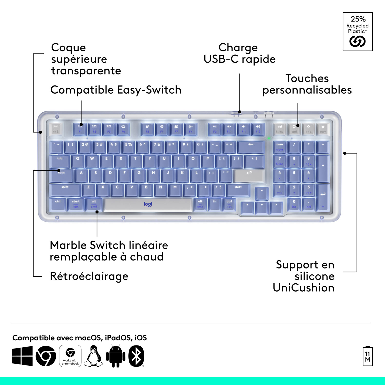 Logitech Alto Keys K98M Bluetooth Backlit Mechanical Full-Size Keyboard - Lilac - English