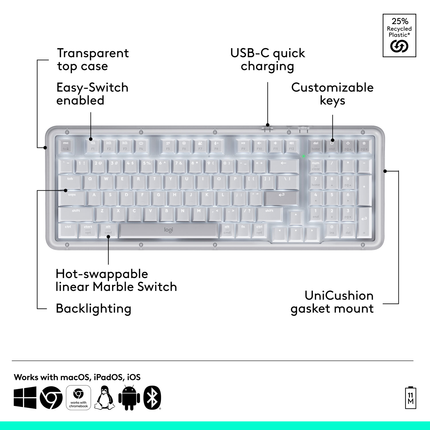 Logitech Alto Keys K98M Bluetooth Backlit Mechanical Full-Size Keyboard - Off-White - English