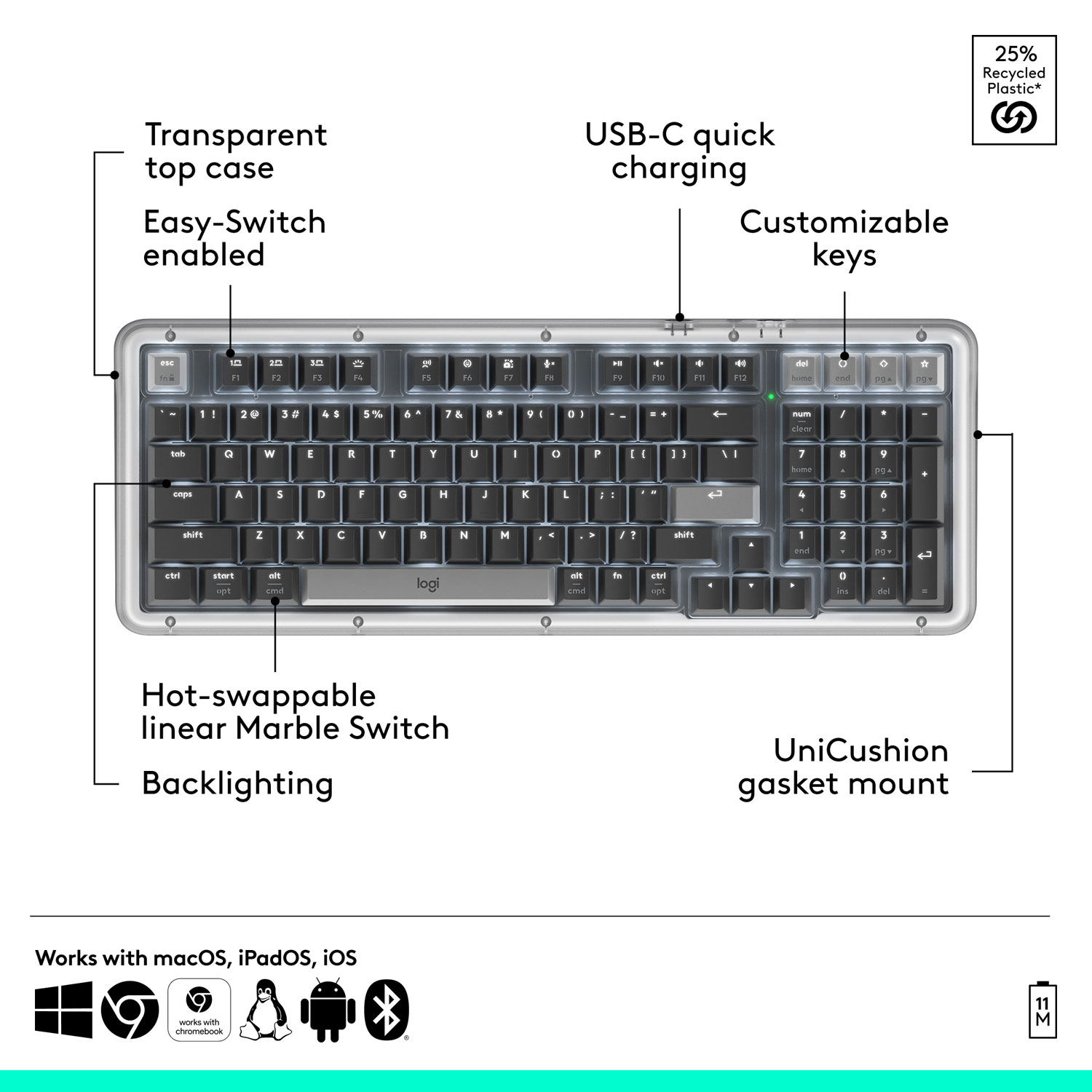 Logitech Alto Keys K98M Bluetooth Backlit Mechanical Full-Size Keyboard - Graphite - English